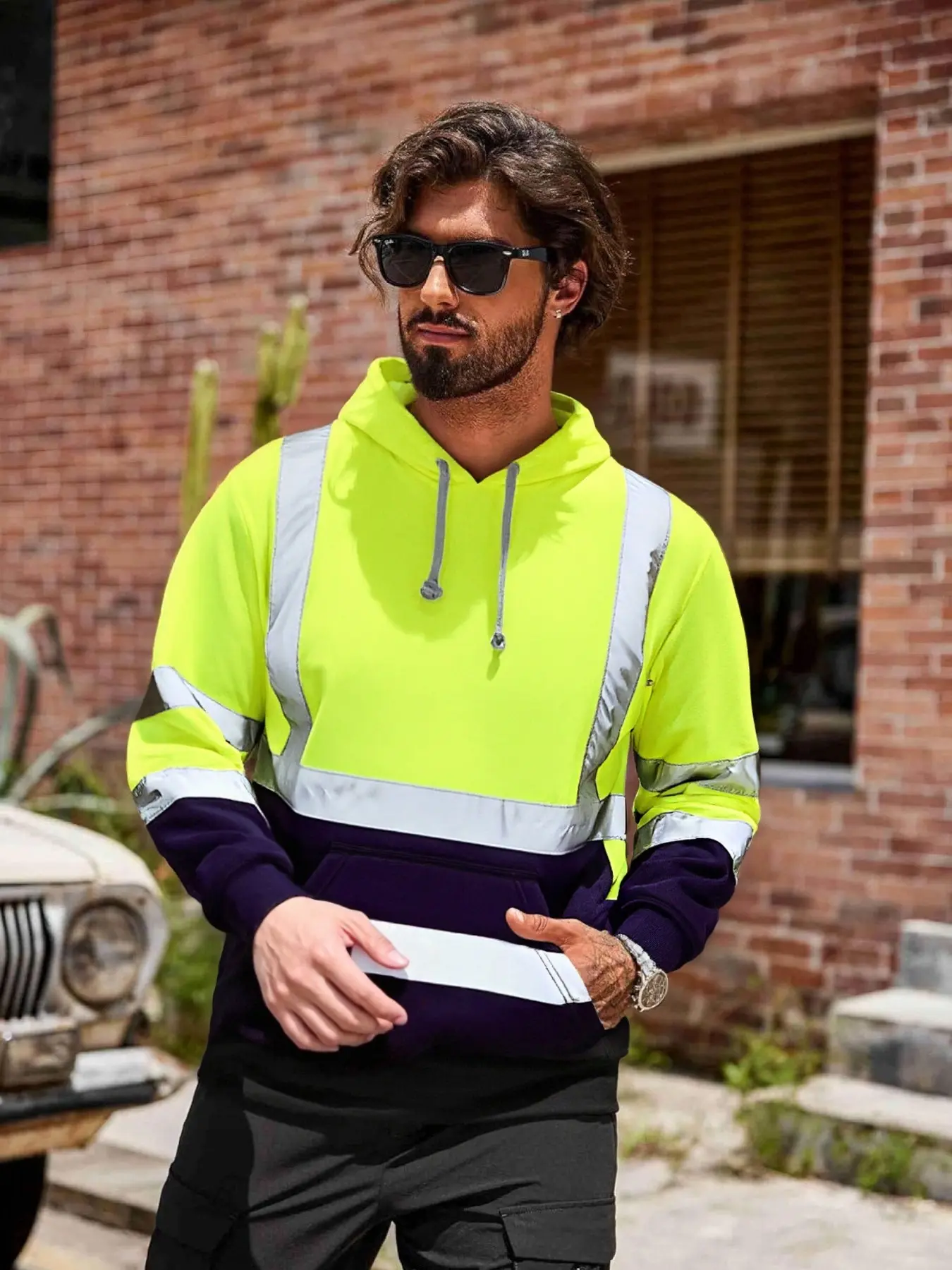 Men's High Visibility Reflective Hoodie, Fleece Lined Color Block Hi‑Vis Safety Sweatshirt with Reflective Strips, Pullover Hooded Work Jacket for Construction Road Sanitation Work, Work Safety Gear