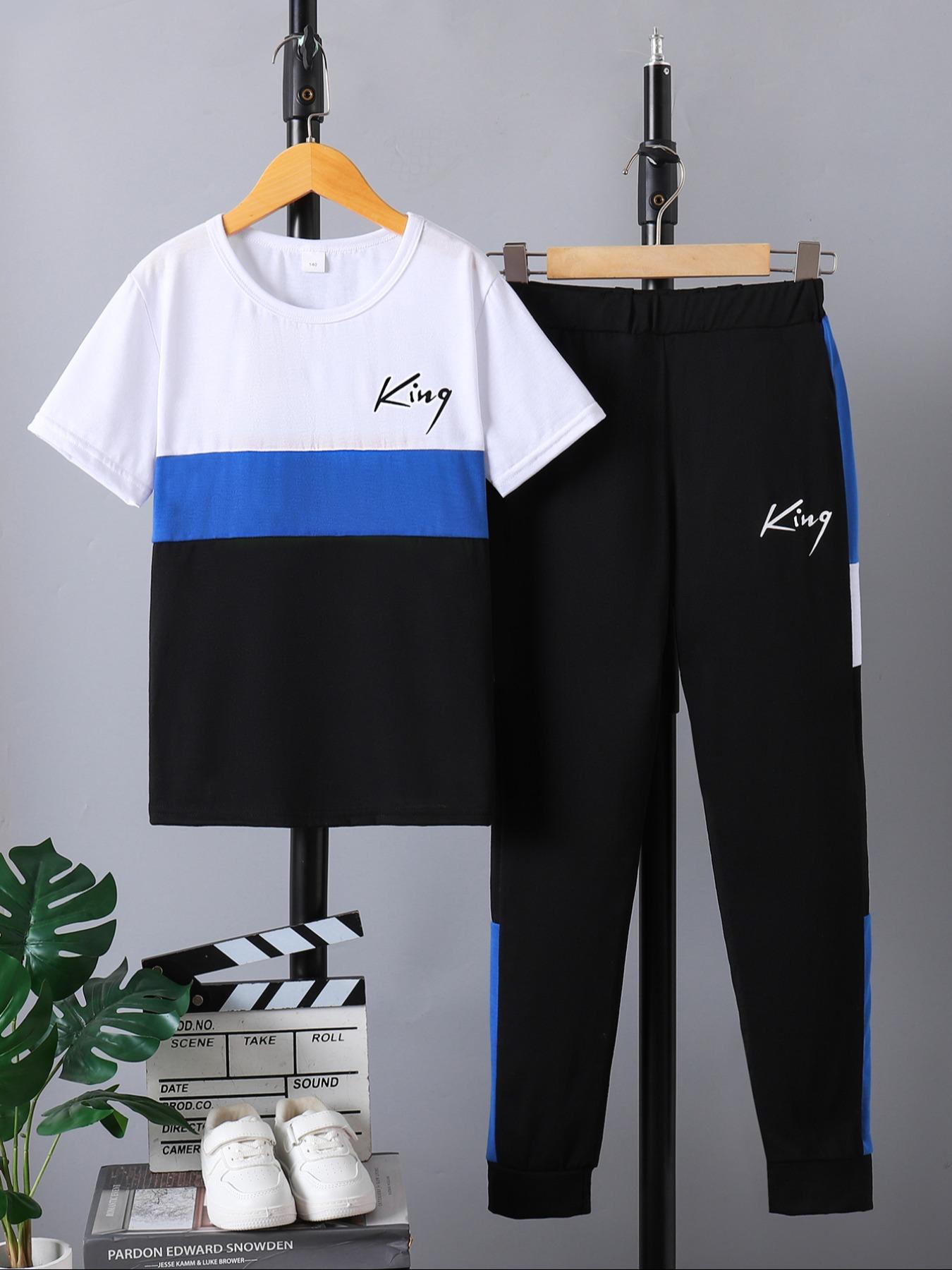 Boy's Letter Print Tee & Side Stripe Sweatpants Set, Round Neck Set, Colorblock Short Sleeve T-shirt & Jogger Pants, Casual Summer Outfits Clothes for Kids Children, Kids Athletic Clothing, Striped Sets, Youth Kits