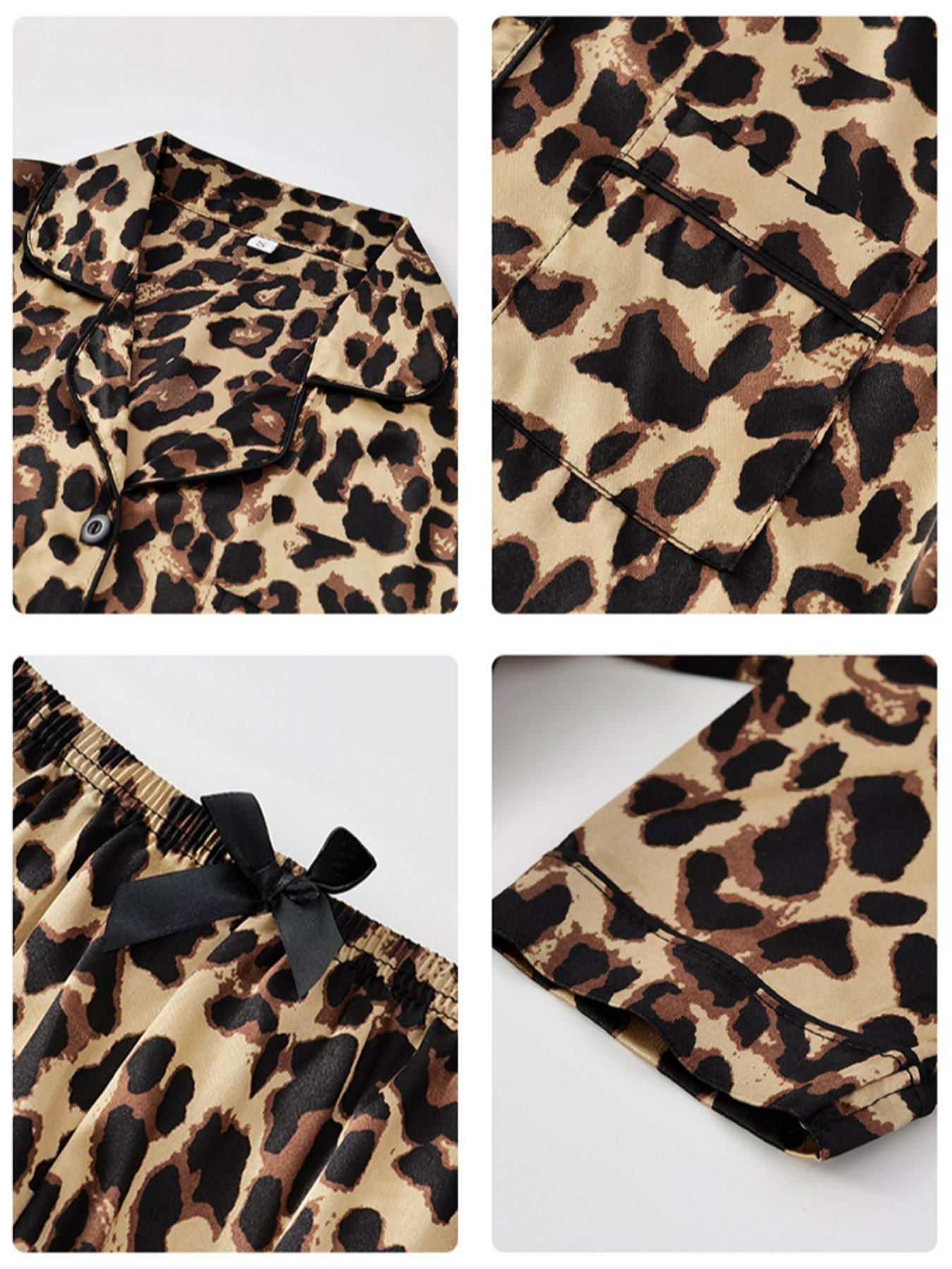 Women's Leopard Print Satin Pajama Set, Heart Jacquard Striped Sleepwear, Casual Fitted Short Sleeve Button Front Top & Elastic Pants