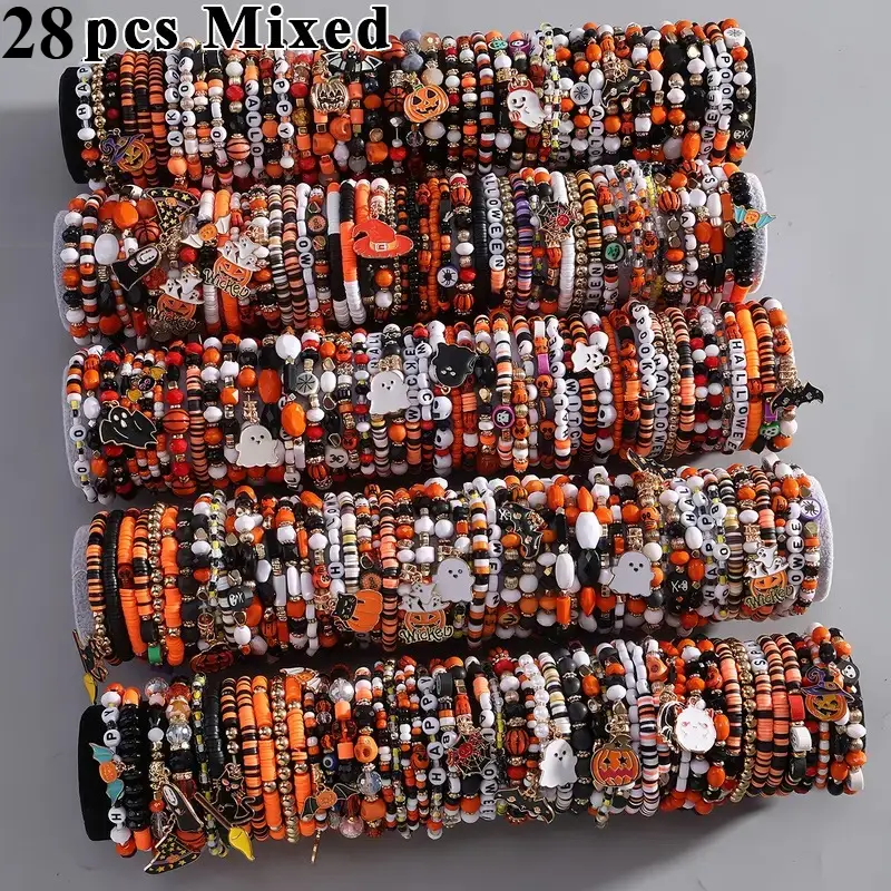28pcs Mixed Halloween Bead Elastic Bracelet Set - with Letter Beads, Spider Bat Pumpkin Charm Pendant, Elastic Stackable Wristband for Men and Women, Party Jewelry Accessories, Daily and Holiday Celebrations