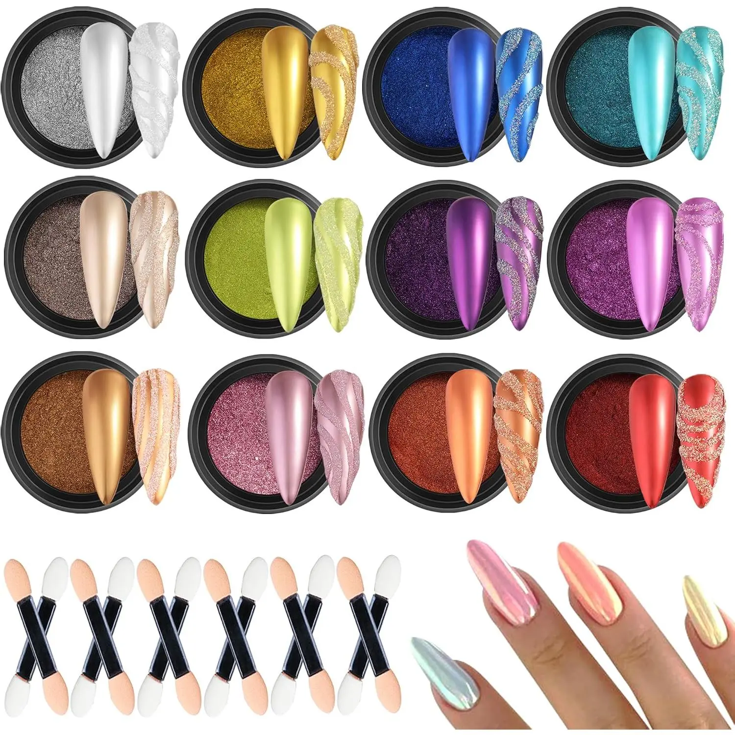 Chrome Nail Powder 12 Colors Metallic Chrome Powder for Nails Mirror Effect Neon Red Green Blue Purple Chrome Powder Set Extra Fine Glitter Rub Pigment Y2K Nail Design Manicure Supplies