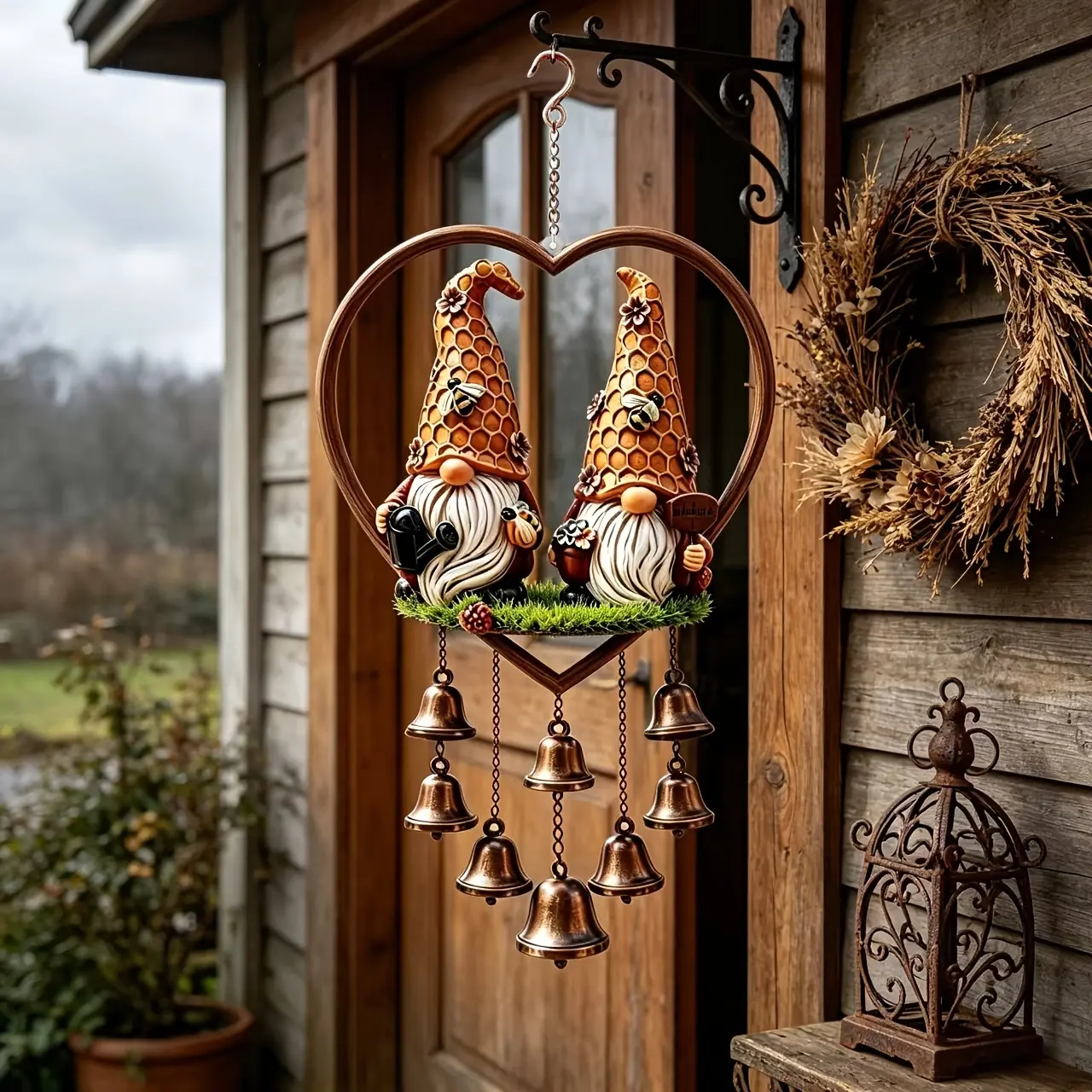 A Honeycomb Gnome Wind Chime Decorative Hanging Ornament, Bee Gnome Decor, Vintage Distressed Metal Bell, Soothing Wind Chime Sound, Durable Iron Hanging Decorative Accessory, Gnome Bee Wind Chime, Suitable for Courtyard Gardening, Wooden Doors
