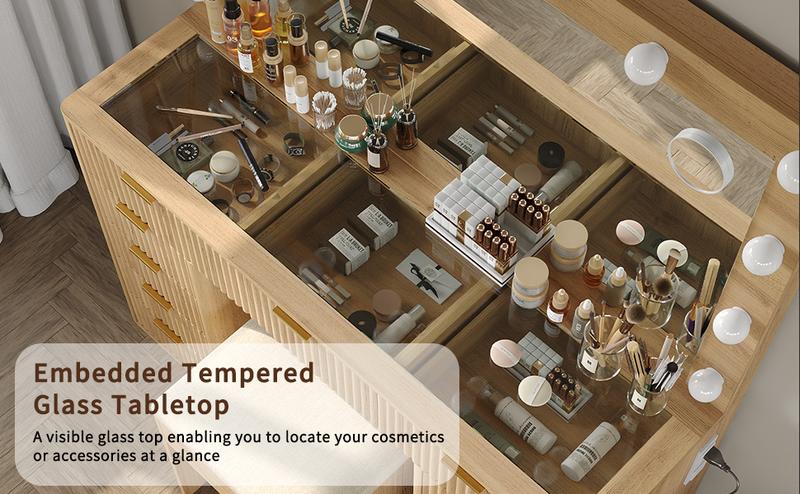 FUSOU 47“W Fluted Vanity Desk, 11 Drawers Makeup Vanity with Power Outlet & Lighted Mirror, 3 Lighting Modes Adjustable, Vanity Set with Glass Top, Vanity Table with Chair for Bedroom, Dressing Room, Natural FUSOU 47“W Fluted Vanity Desk, 11 Drawers Makeup Vanity with Power Outlet & Lighted Mirror, 3 Lighting Modes Adjustable, Vanity Set with Glass Top, Vanity Table with Chair for Bedroom, Dressing Room, Natural