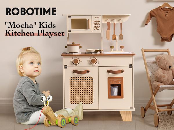 robud Play Kitchen with Pretend Ice Cube Dispenser for Kids, Wooden Kids Kitchen Playset, cooking set Toy for Toddler Pretend play food kitchenset