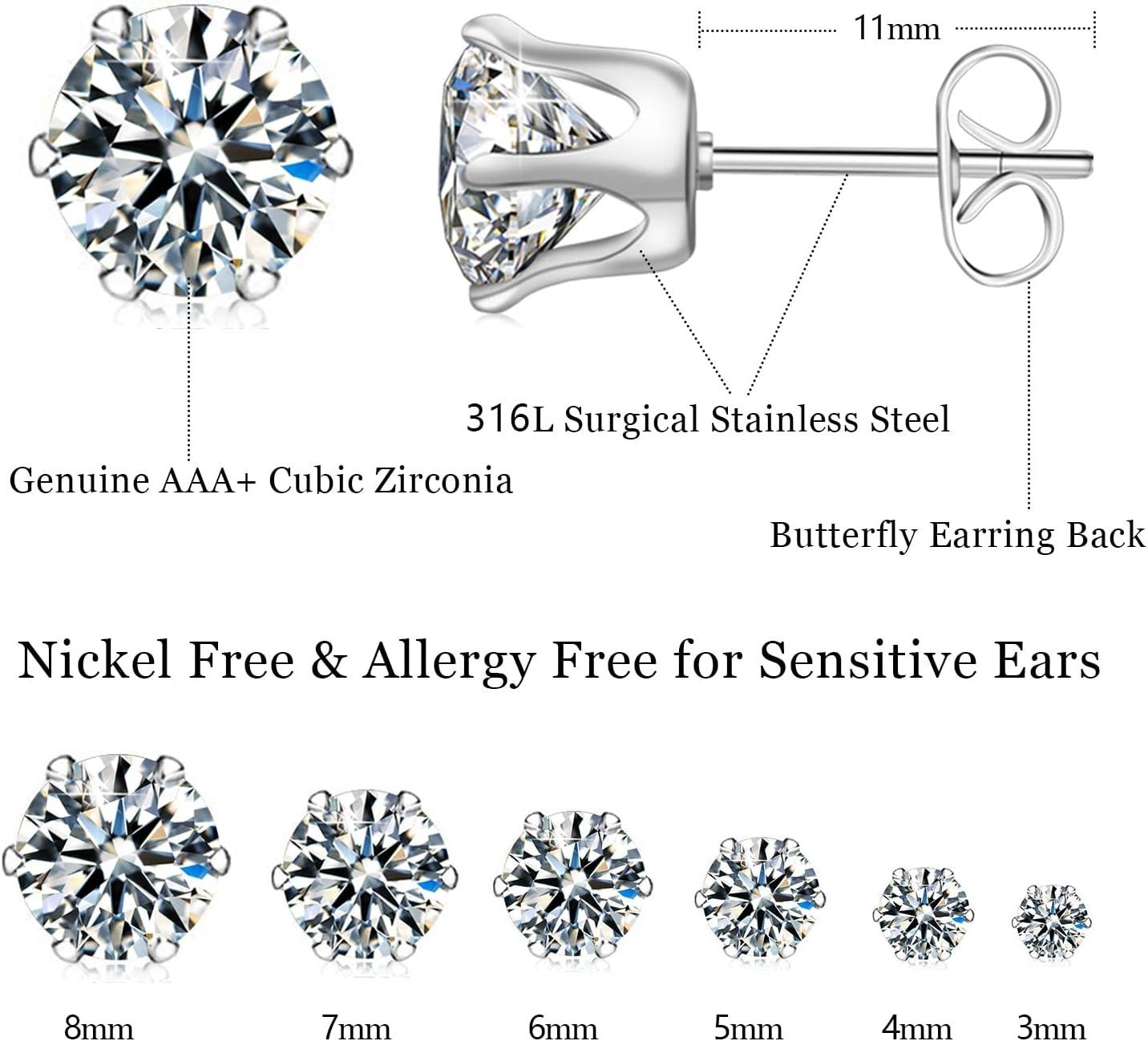Sliver/Rose gold 6 Pairs Stainless Steel Stud Earrings Set Hypoallergenic Cubic Zirconia 14K White Gold 316L CZ Earrings