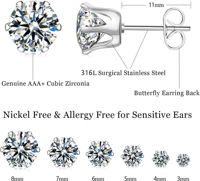 Sliver/Rose gold 6 Pairs Stainless Steel Stud Earrings Set Hypoallergenic Cubic Zirconia 14K White Gold 316L CZ Earrings