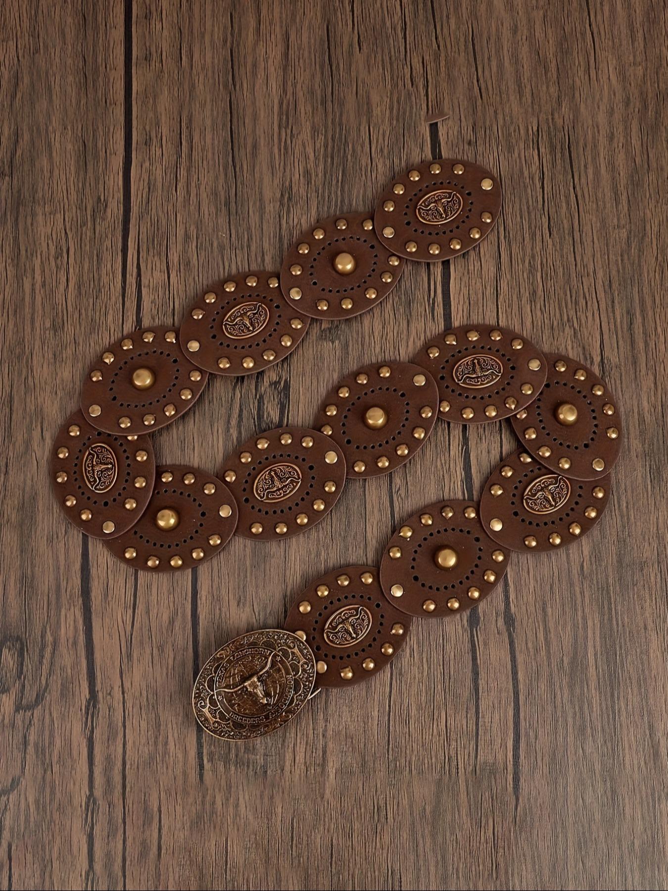 Women's Western Cowboy Style Wide Belt, PU Leather Patchwork, Antique Copper Rivets, Bohemian Carved Bull Head Buckle, Cowboy Cowgirl Belt