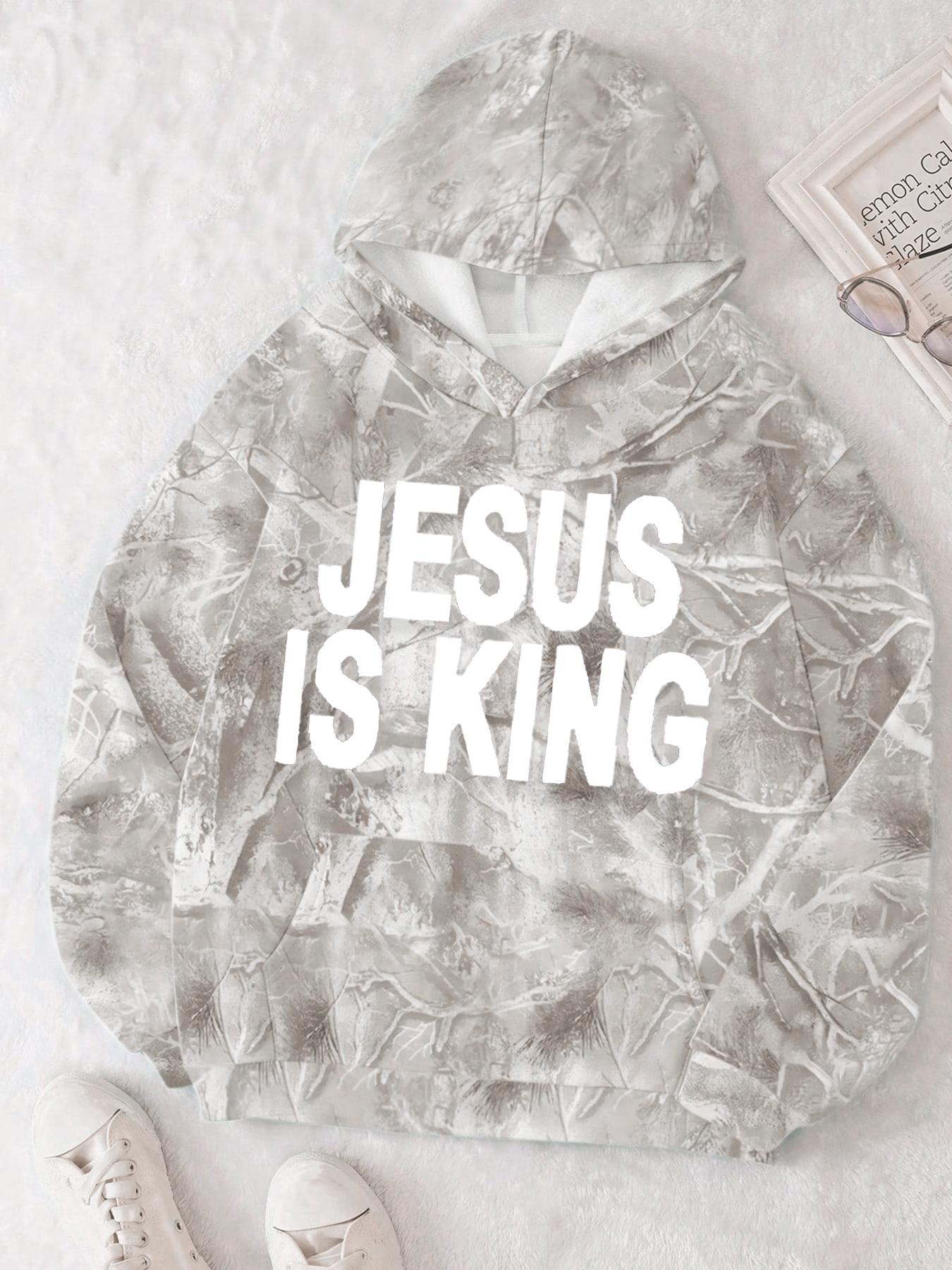 Unisex Jesus is King Letter Print Casual Branch Long-Sleeved Fleece-Lined Loose Hoodie, Clothing suitable for spring and autumn，suitable for streetwear, Y2K style, couple outfits,Casual Daily Wear