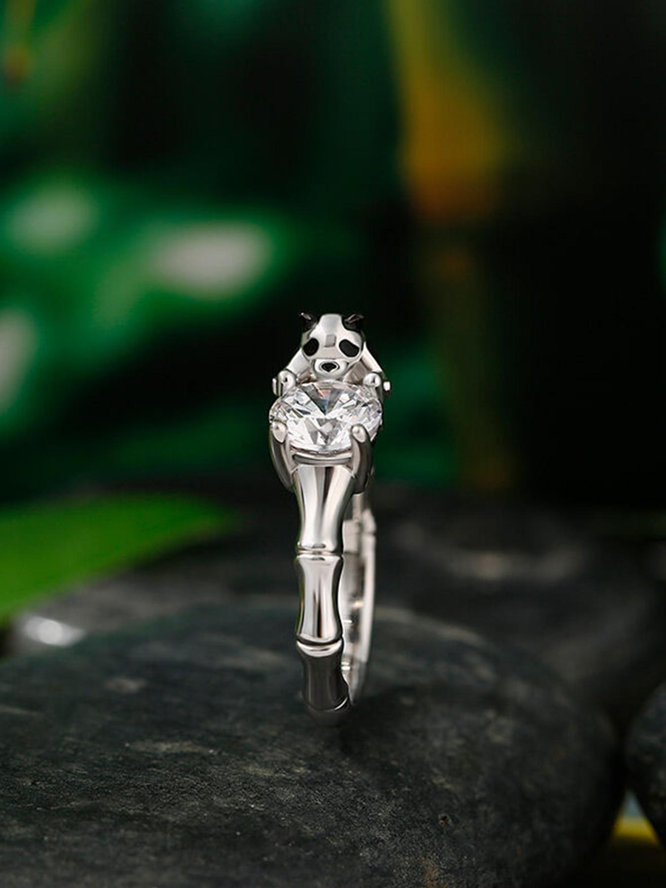 Adjustable Cute Panda Ring with 1 Carat Zircon, Color-Plated Creative Women's Jewelry, Luxury Gift for Valentine's Day, Birthday, Best Friend