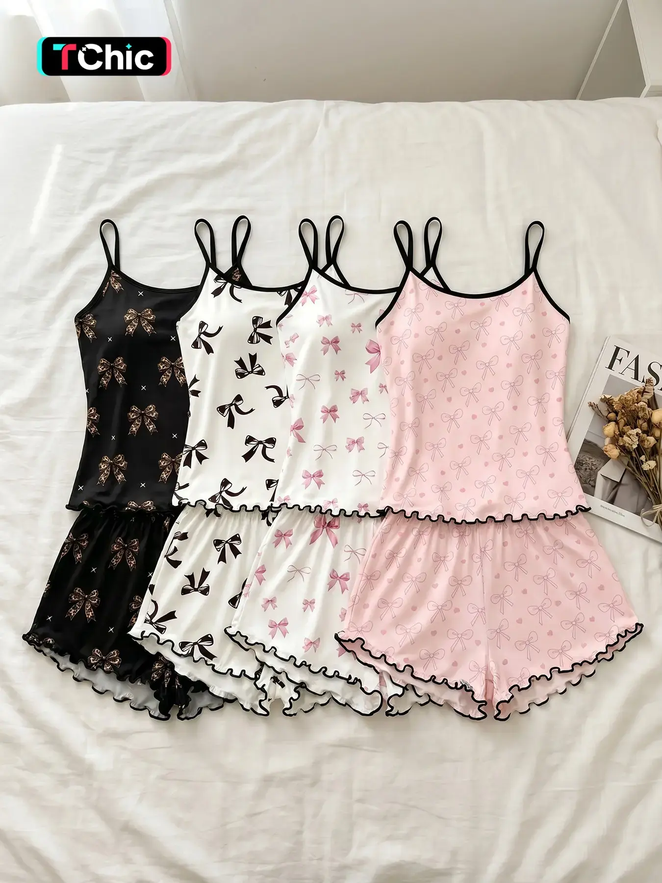 Women's 4 Piece Spaghetti Strap Cami Top and Shorts Pajama Sets, All Season Wear, Cute Soft Girl Pastel Bow Print, Cozy Loungewear for Home & Relaxation