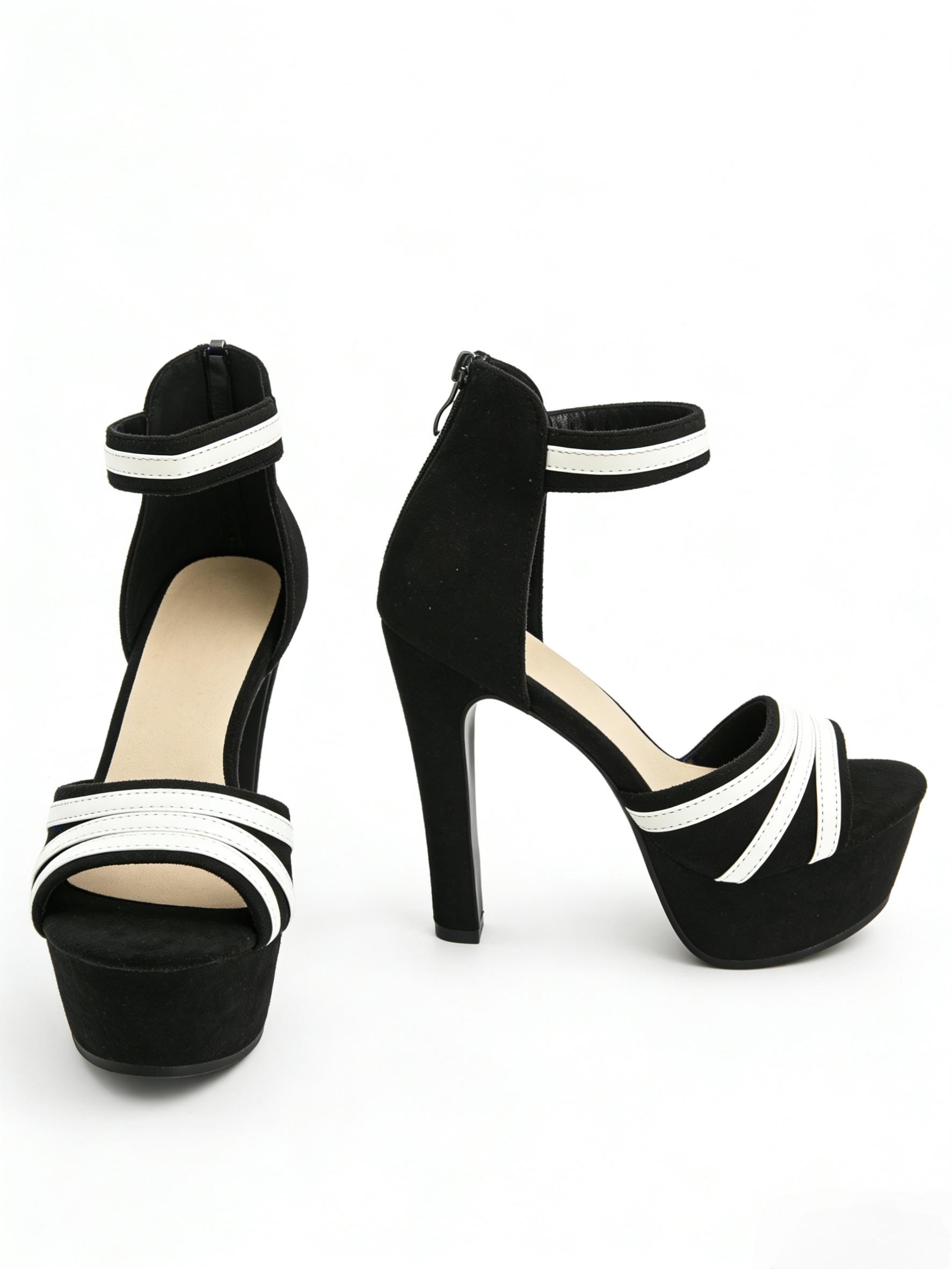 Black Velvet Platform Heels for Women | Contrast Strap Ankle Strap Sandals | Non-Slip Comfy Dress Heels for Party Club