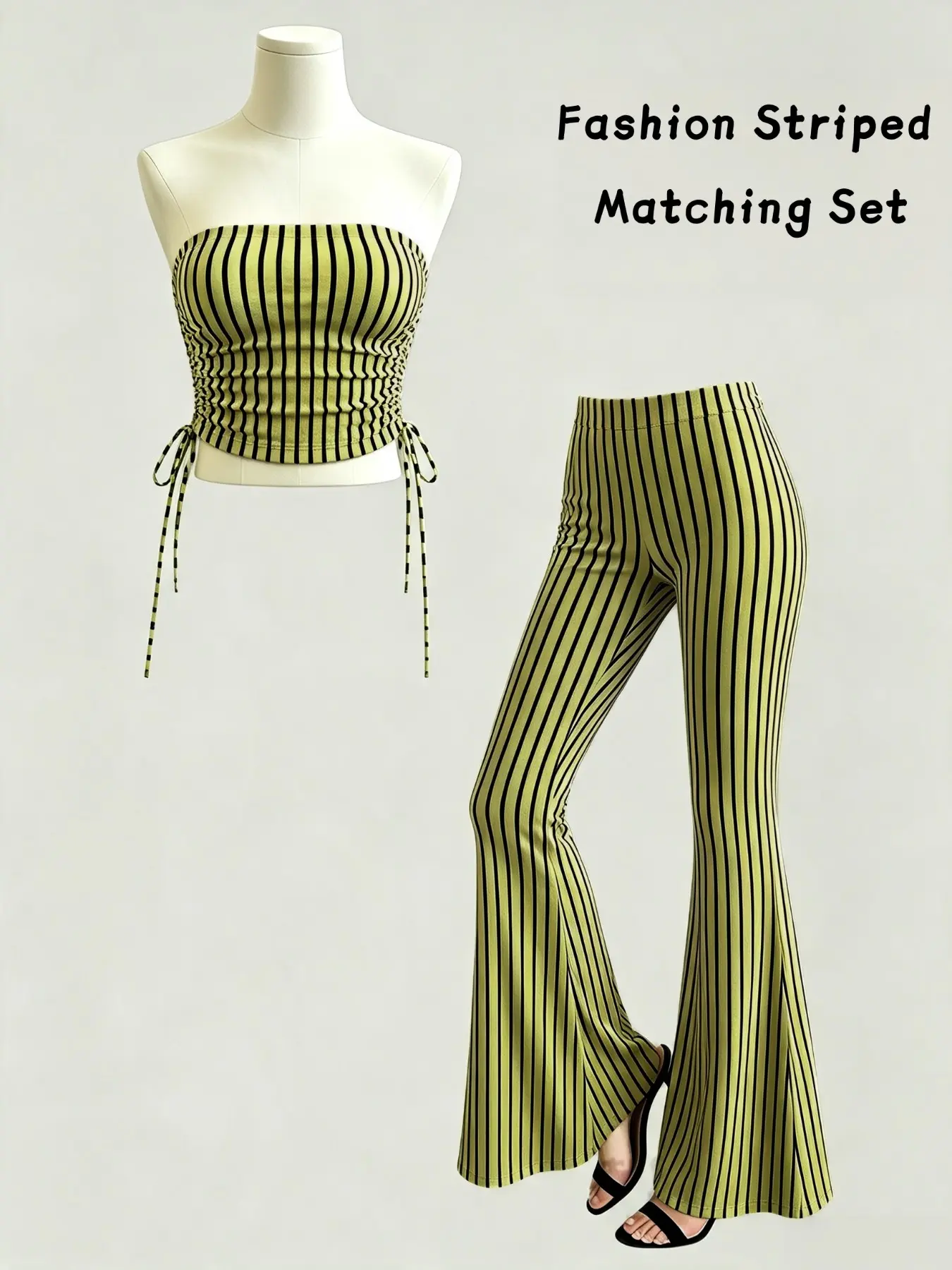 Colorblock Striped Set, Plain Surface, Fitted Outer Vest, High Waist Micro Flare Pants, Sexy Style, Fashion Ensemble