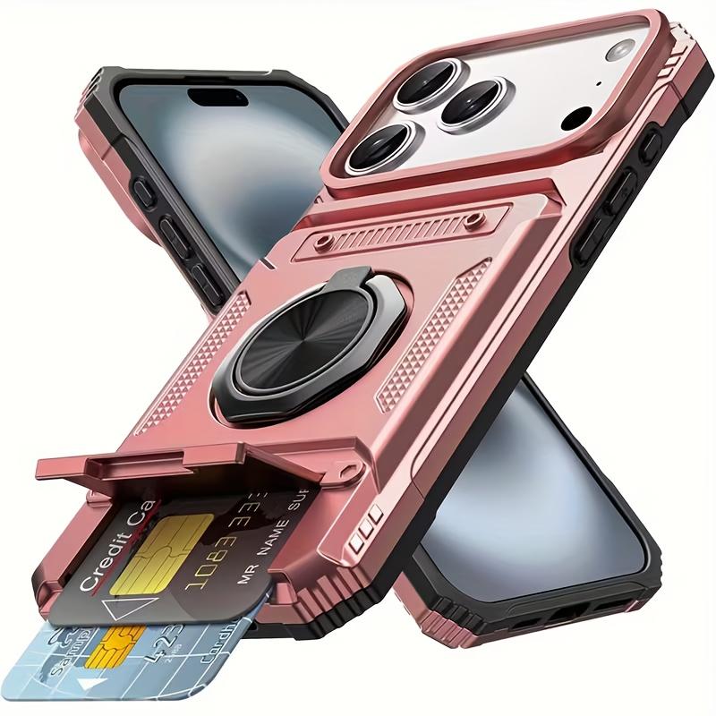 Heavy-Duty Shockproof Hard Case for iPhone 13 14 15 16 E 17 Pro Max Plus, Hidden Dual Card Slot Design with Rotating Metal Stand, Card Holder Protective Cover