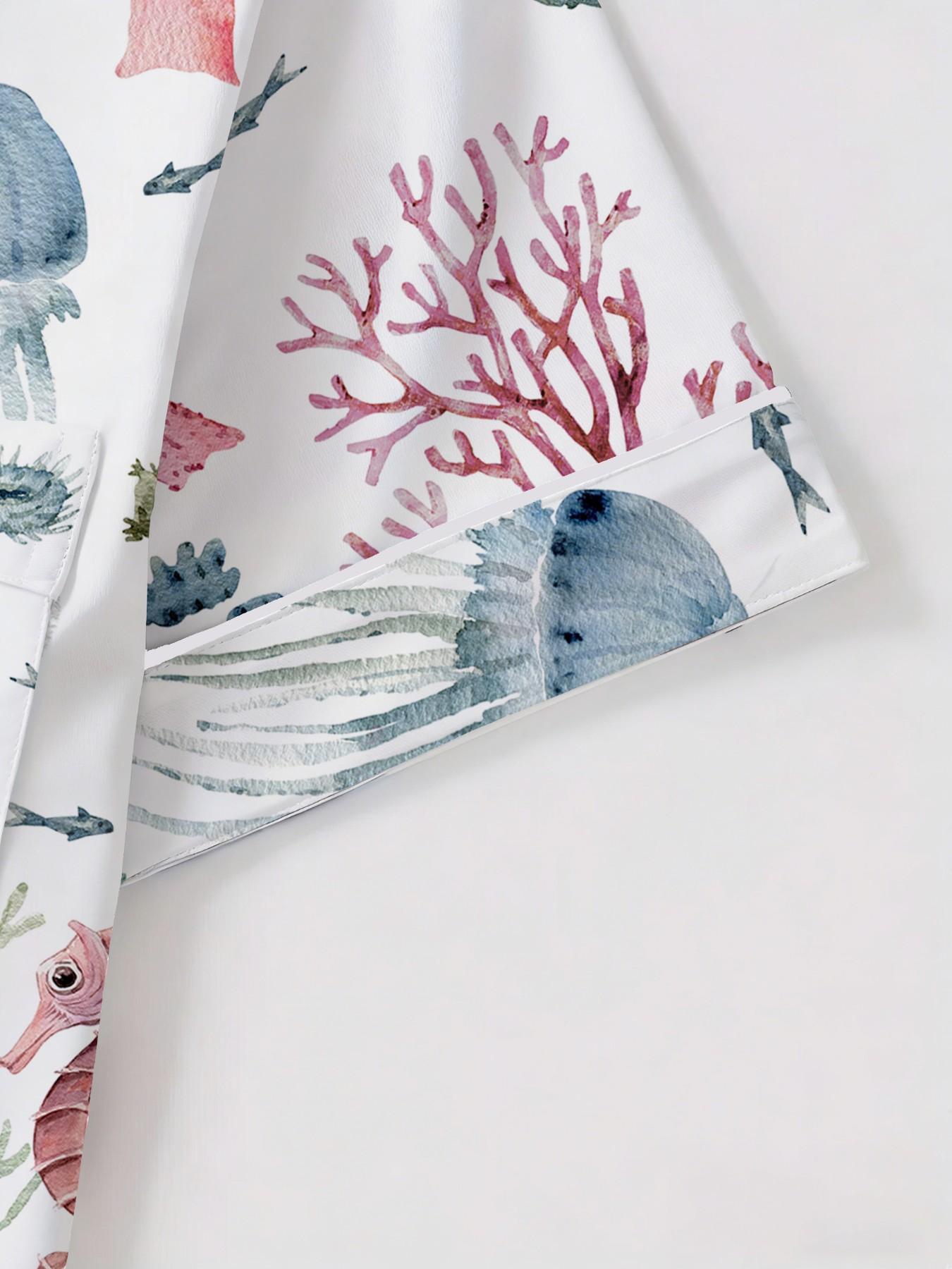 Women's Short Sleeve Button Down Top and Shorts Pajama Set, Spring Summer Wear, For American Retro Vacation Girls, White Base Vintage Ocean Print, Classic Lapel Collar, Loose Straight Fit, Comfortable For Home & Outings