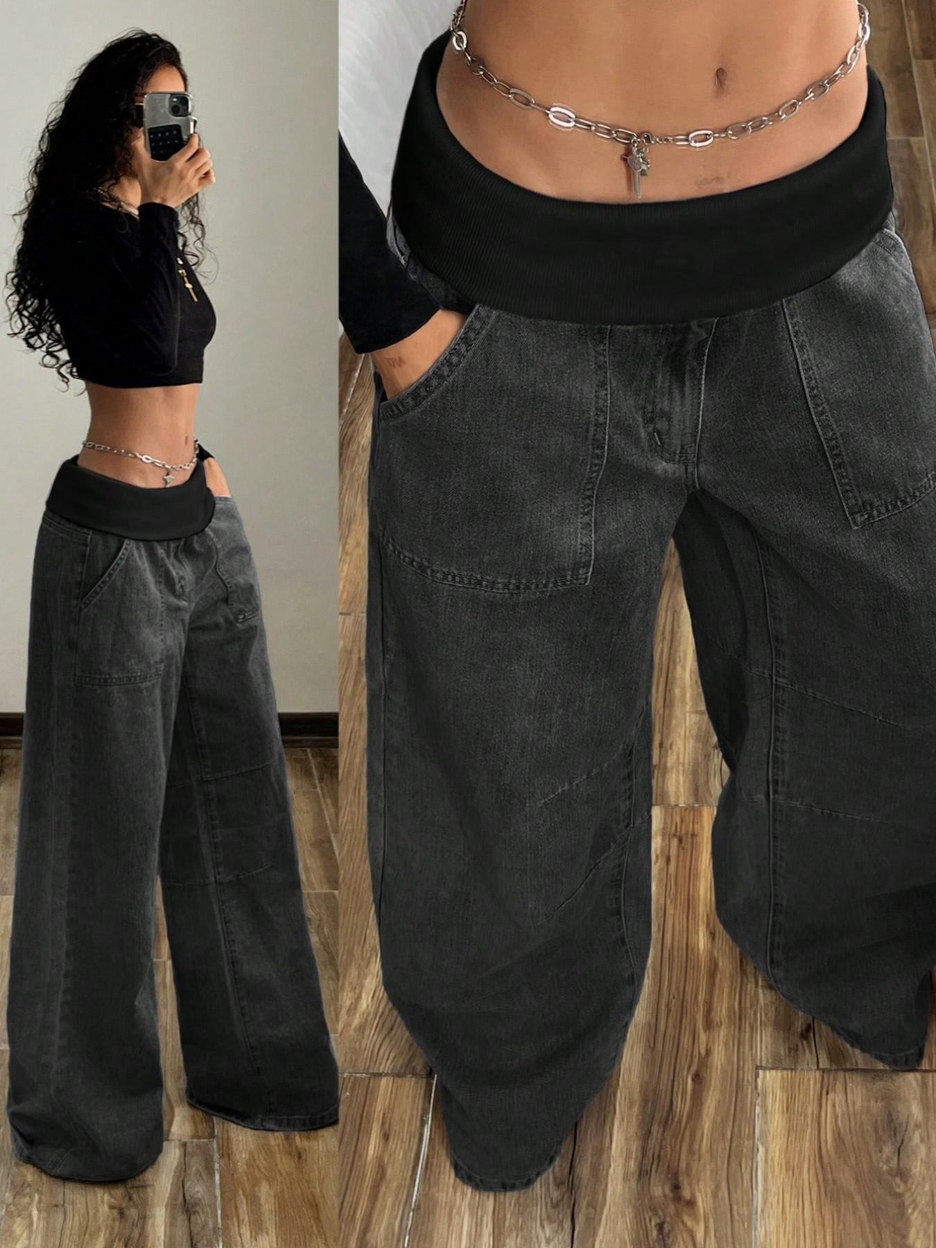 Women's Elastic Waist Oversize Loose Jeans, Four-Season Street Style Wide Leg Pants with Pockets, Casual Y2K Fashion for Outdoor Wear Bottoms, Streetwear