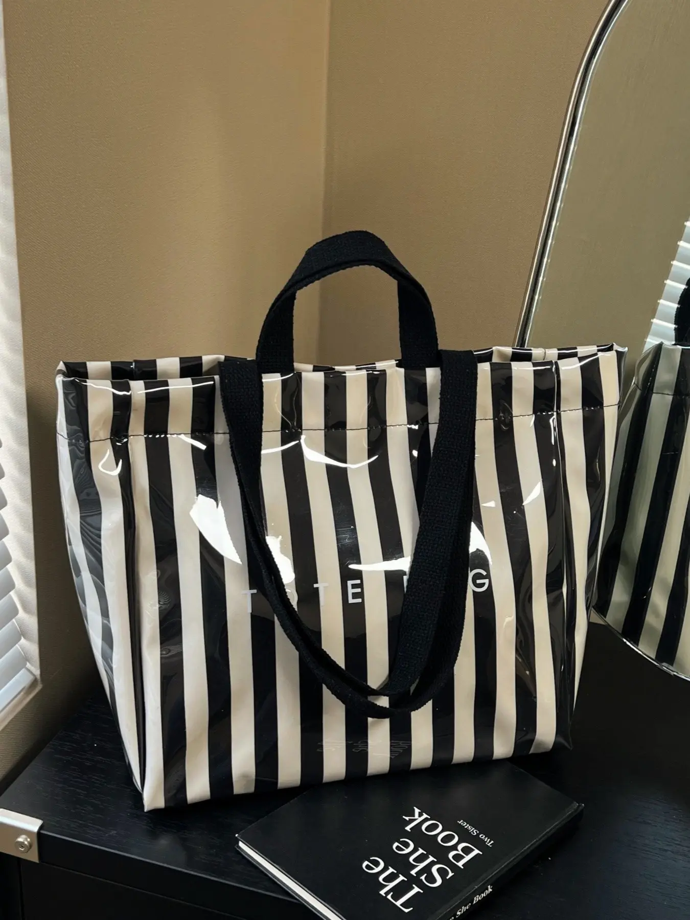 Macaron Rainbow Stripe Glossy Tote Bag, Large Capacity Handbag, Waterproof Durable Shopping Bag, Student Commute Beach Holiday Backpack