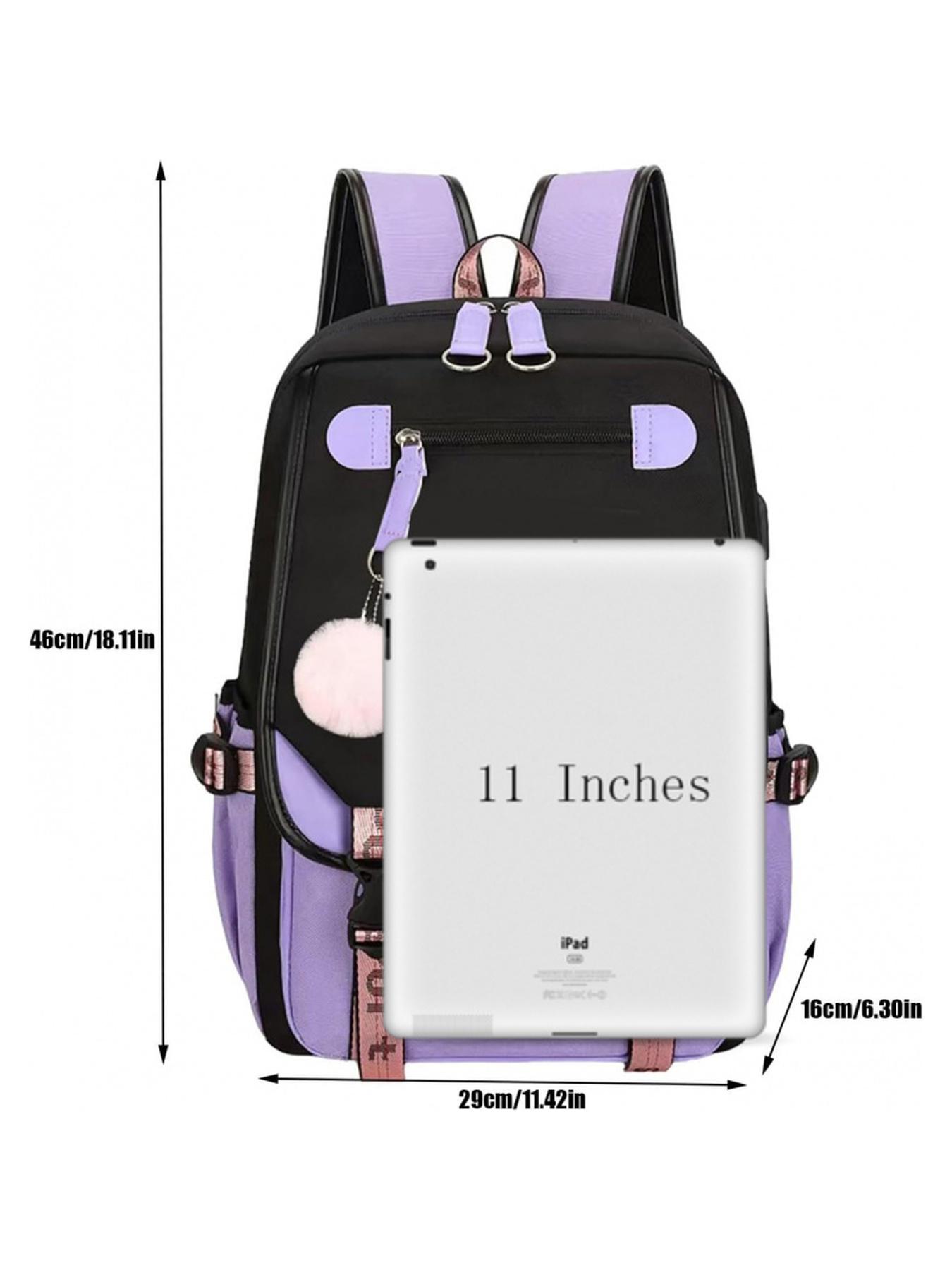 Faith Hope Love Heartbeat Print Girls Backpack Pink Black Large Capacity School Bookbag With USB Charging & Headphone Port Pom pom Pendant Aesthetic Student Backpack For Teen Girls Back To School Travel Gift