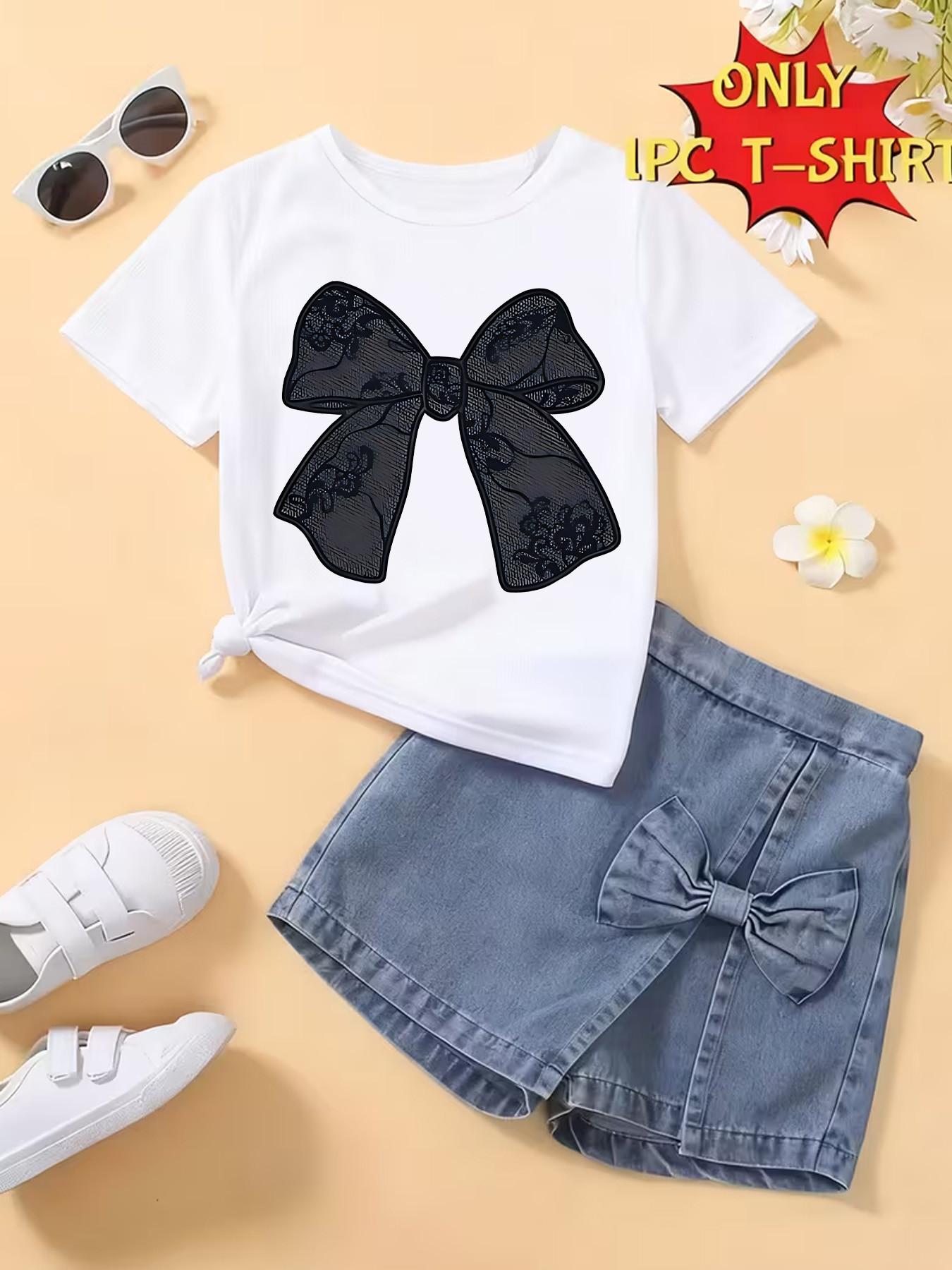 Girls' Summer Fashion Bowknot Series Bow Print Comfortable Round Neck Short Sleeve T-Shirt, Casual Versatile Unisex Kids Clothing Graphic Tee