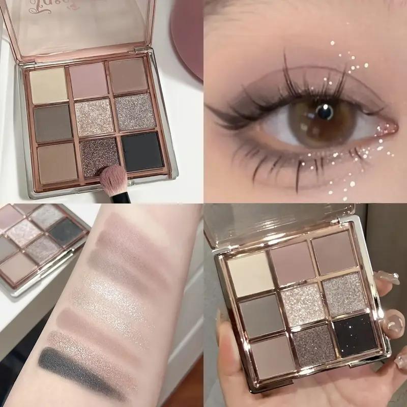 9-color eyeshadow palette - a blend of smoky grey, brown and pink tones, mousse eyeshadow, matte and shimmery finishes, fine Shimmery glitter, low saturation all-in-one palette with matte earthy tones, fine powder texture that doesn't fly off