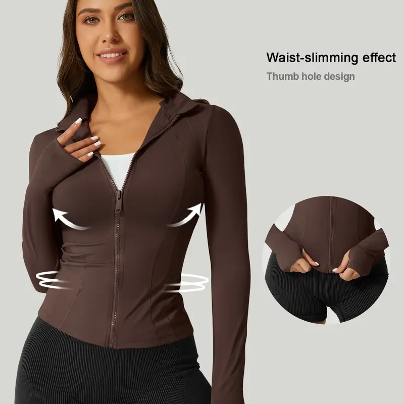 Women's Solid Zip Up Thumb Hole Design Sports Jacket, Thumbhole Jacket, Running Jackets, Sports Long Sleeve Outerwear for Gym Workout Running, Ladies Sportswear for All Seasons, Sporty Sports Outerwear