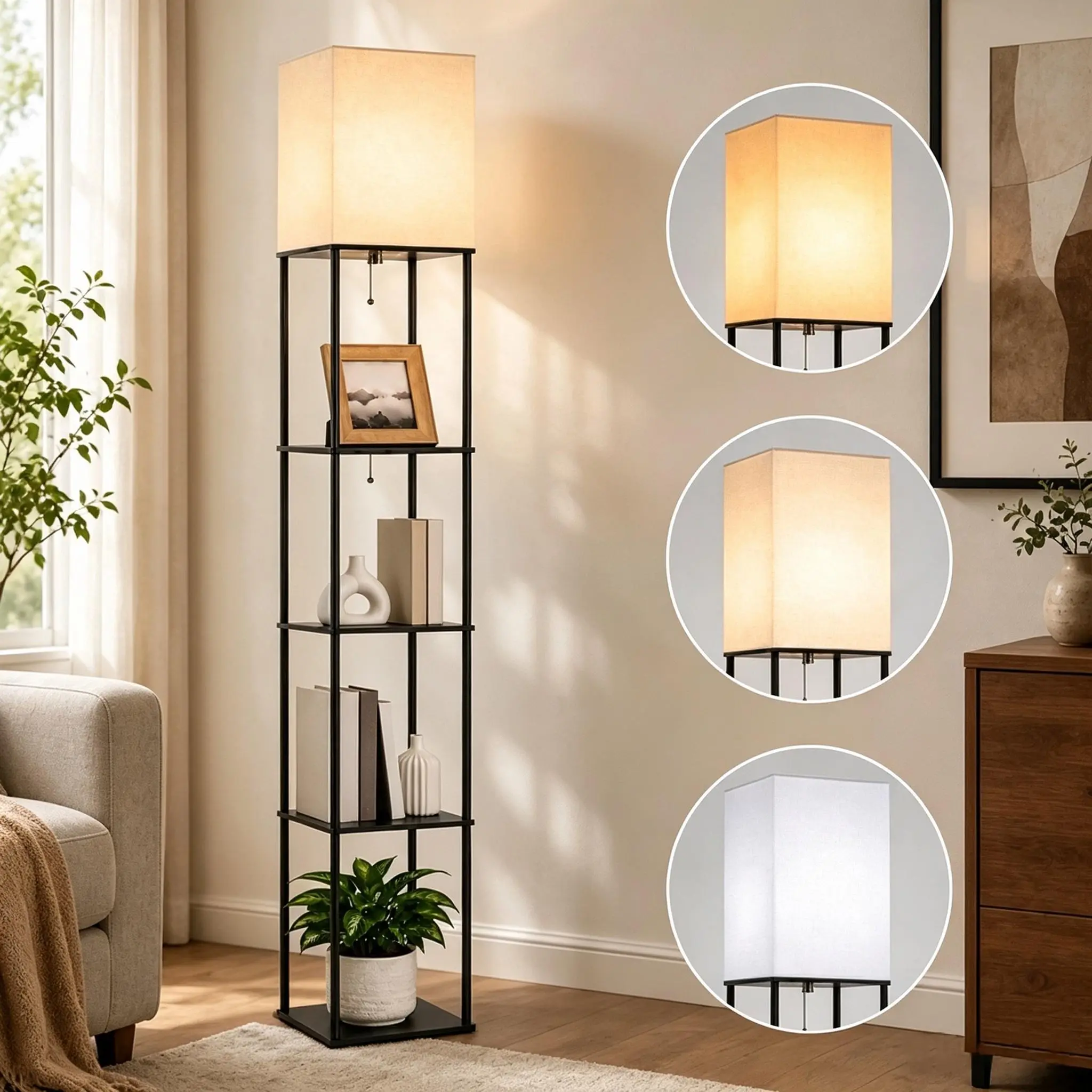 Modern Square 4-Tier Metal Frame Floor-Standing Lamp with Shelf Storage, 9W Dimmable 3CCT Bright Bulb Included, Indoor Standing Lamp for Living Room, Bases & Shades, Sohochic, Floor-Standing Lamps, Bases & Shades