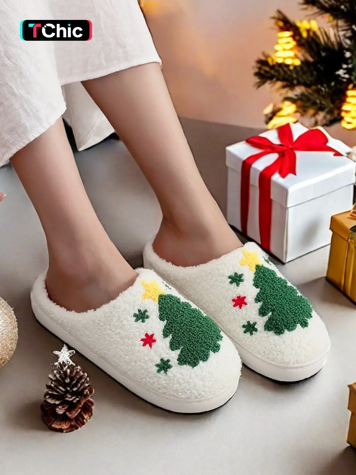 Women's Cute Gingerbread Man Design Plush Slippers, Casual Soft Comfortable Home Slippers, Warm Slippers for Indoor & Outdoor Use for Fall & Winter