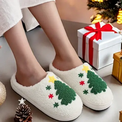 Women's Cute Gingerbread Man Design Plush Slippers, Casual Soft Comfortable Home Slippers, Warm Slippers for Indoor & Outdoor Use for Fall & Winter