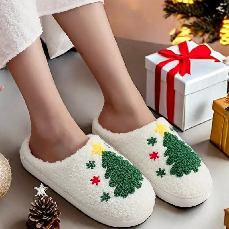 Women's Cute Gingerbread Man Design Plush Slippers, Casual Soft Comfortable Home Slippers, Warm Slippers for Indoor & Outdoor Use for Fall & Winter