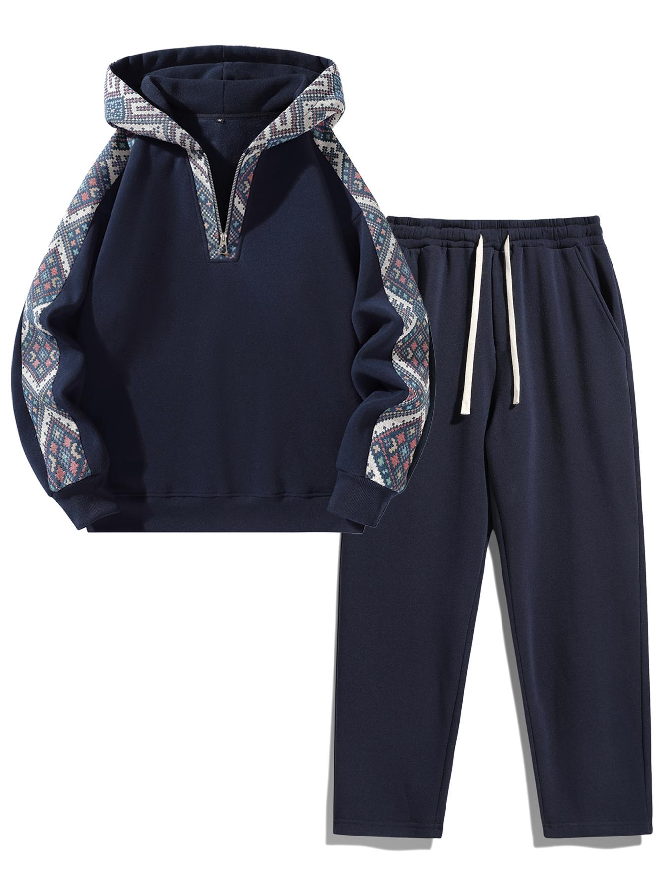 Men's Plain Two-piece or three-piece Casual Sporty Sweatsuit Set, Athletic Sets, Basic Regular Fit Casual Drop Shoulder Half Zip Hoodie & Pocket Drawstring Sweatpants, Men's Clothing