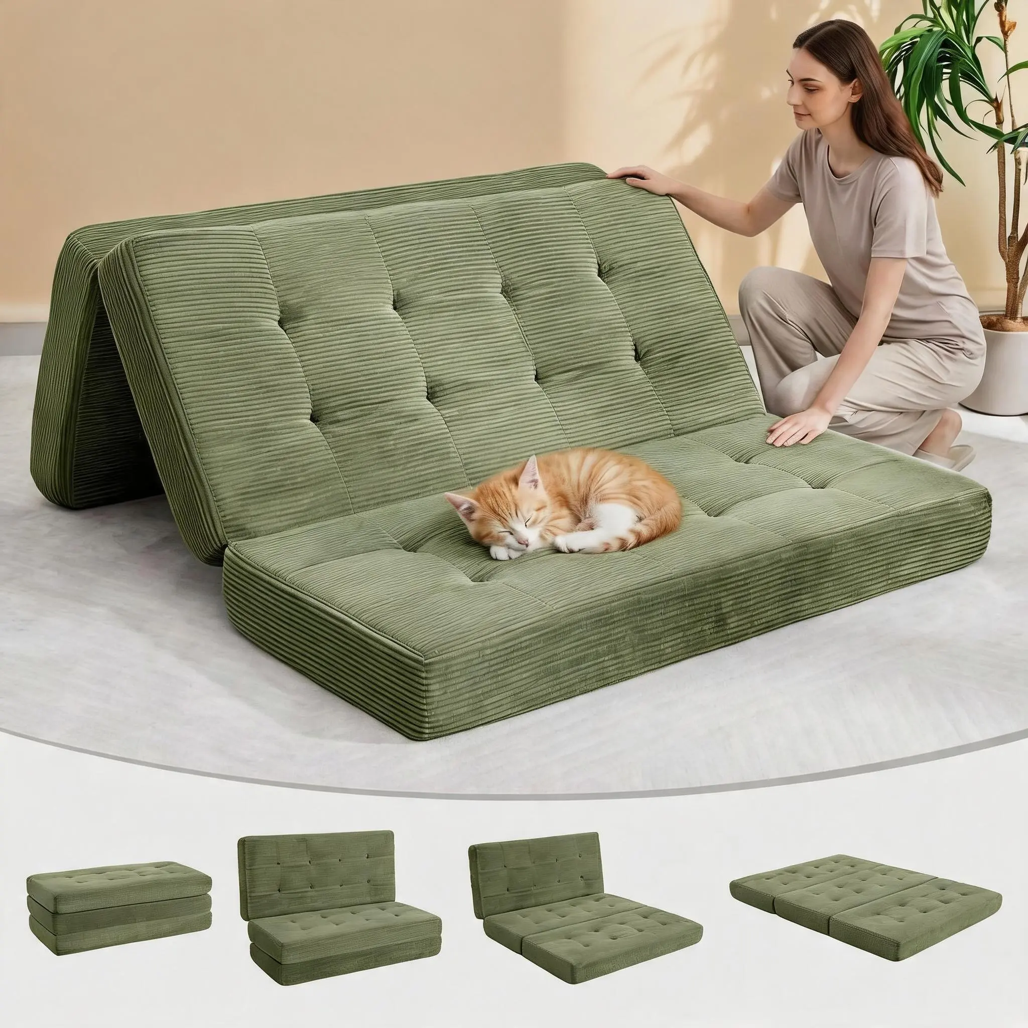6 in Twin Tufted Chenille Floor Mattress Couch Bed, Portable Foldable Topper for Camping, Overnight Stays