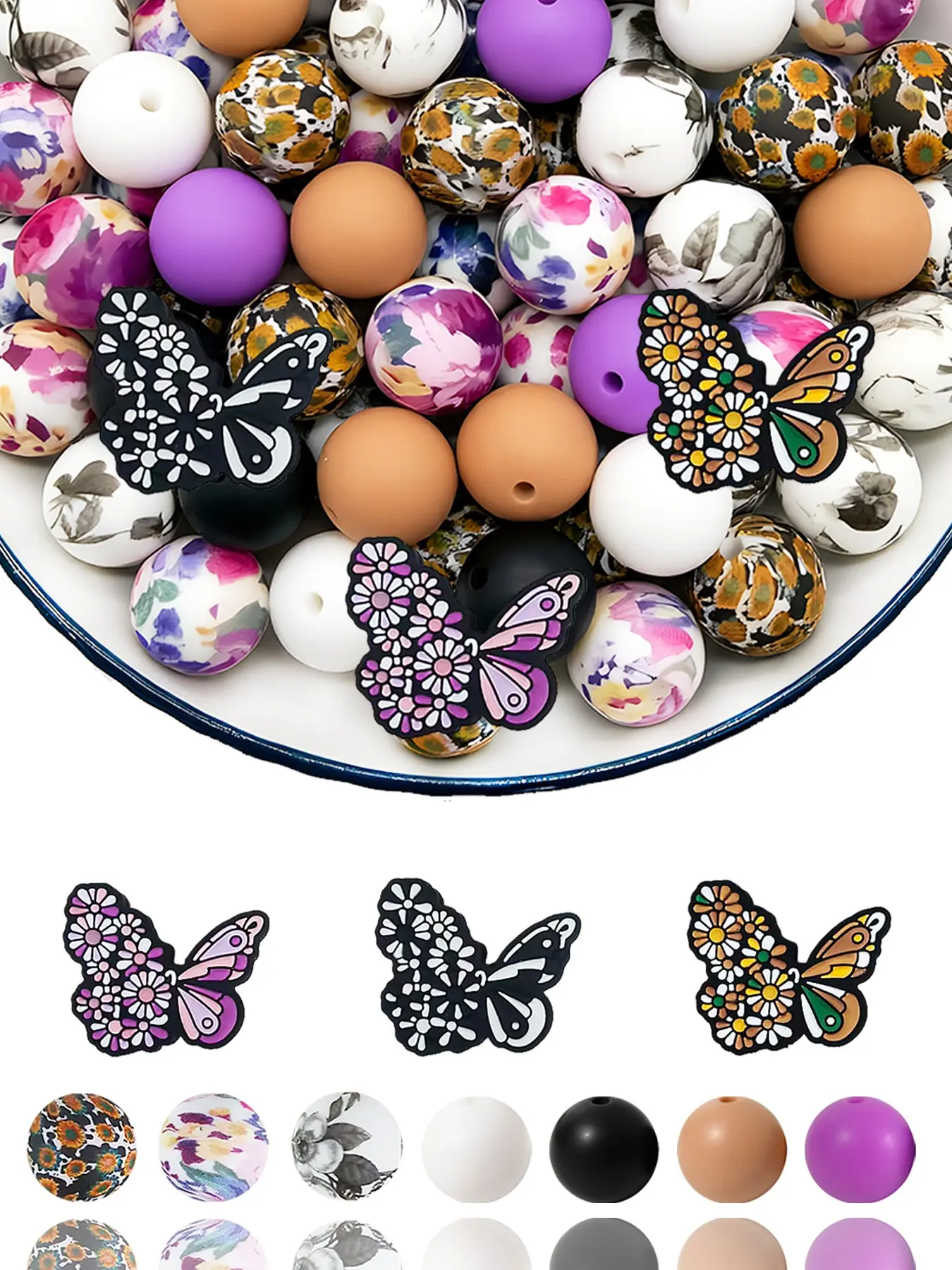 61pcs Colorful Butterfly Silicone Beads Set, Floral Print Beads, Ideal for DIY Jewelry, Handmade Crafts, Perfect Gift for Holidays