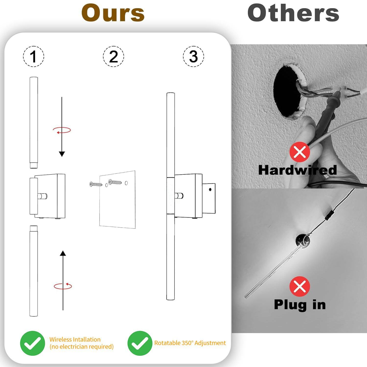 Set of 2 LED Wall Sconces, Black and Gold / 80cm Modern Rectangular Crystal Wall Sconces - Rechargeable with Remote Control - Dimmable - Ideal for living room accent walls, hotel corridors, hallways, and home interiors