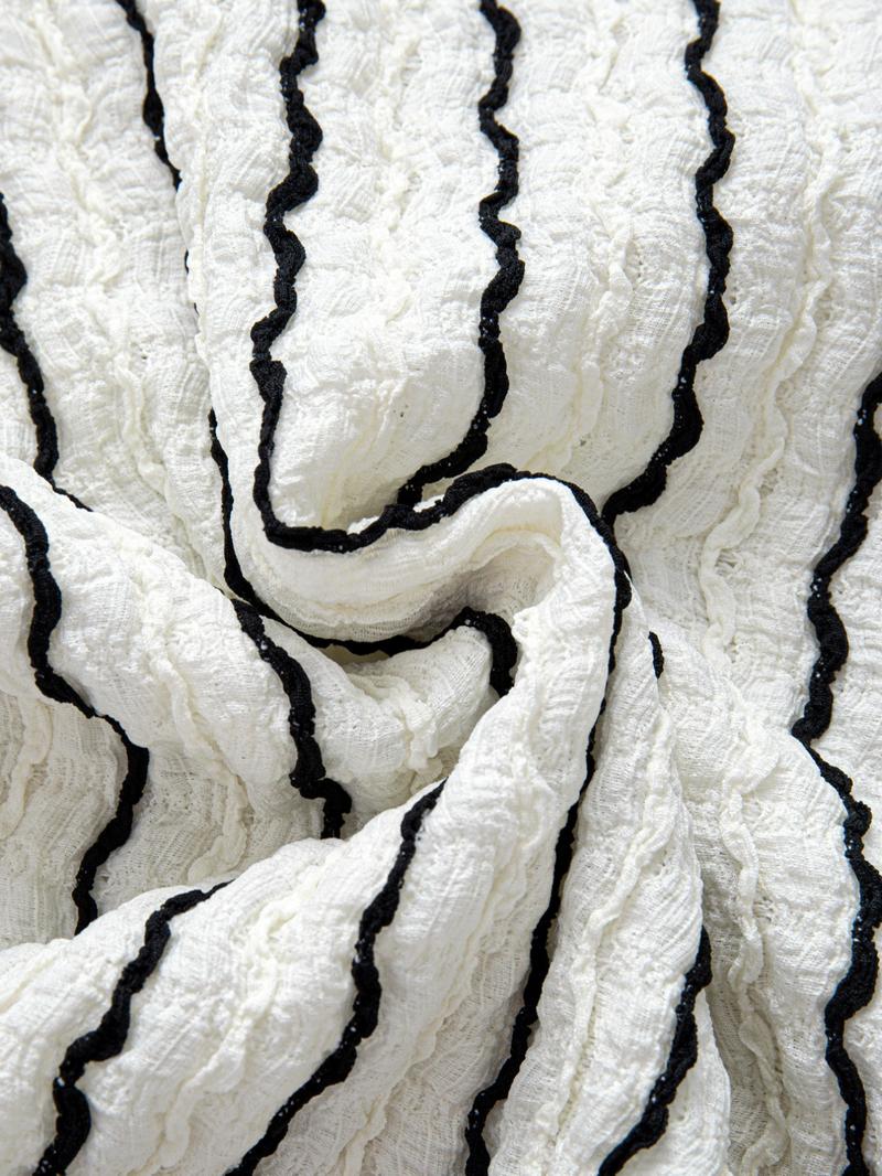 Men's Spring Summer Casual Vacation Cuban Collar Short Sleeve Shirt, Knitted Jacquard Striped Leisure Top, Comfortable Breathable Fabric