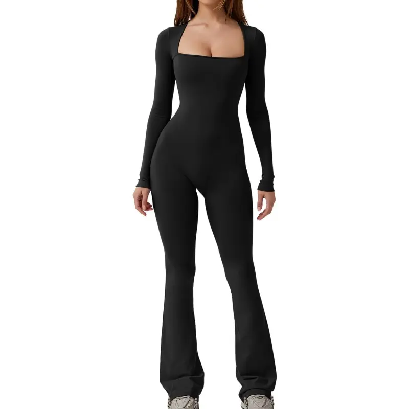 QINSEN Jumpsuits for Women Square Neck Wide Leg Full Length Romper Playsuit