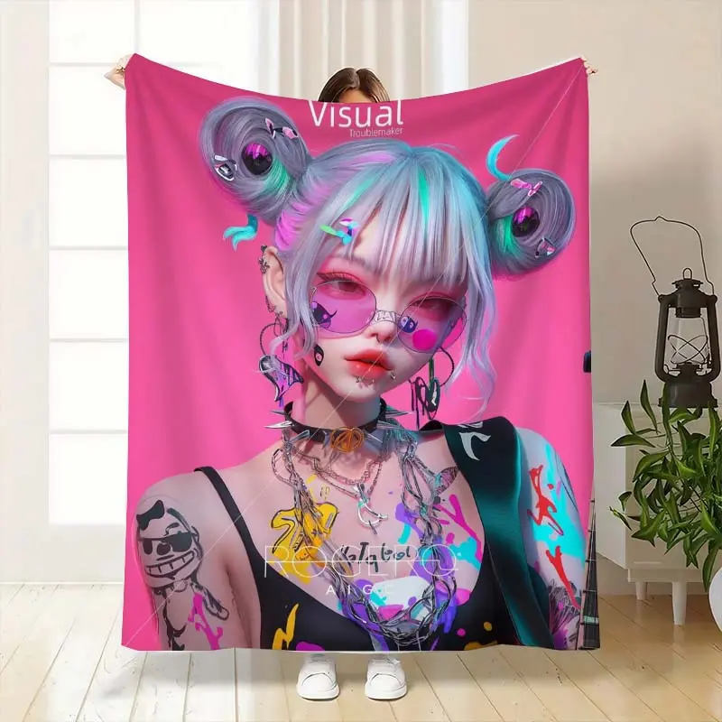 Y2K Street Style Cartoon Girl Blanket Bright Pink Base Cyberpunk Tattoo Lady Print Flannel Throw Blanket Lightweight Travel Nap Blanket