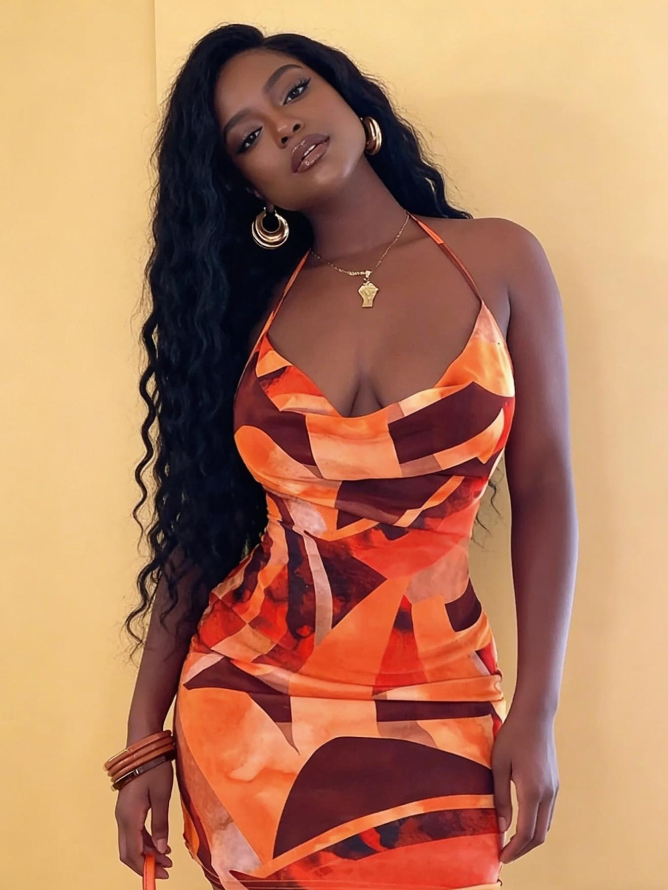 A set of women's casual contrasting printed neck hanging dress with a spicy girl style deep V slim fit hip hugging short skirt for vacation and dating, suitable for summer, suitable for home, indoor, and outdoor wear