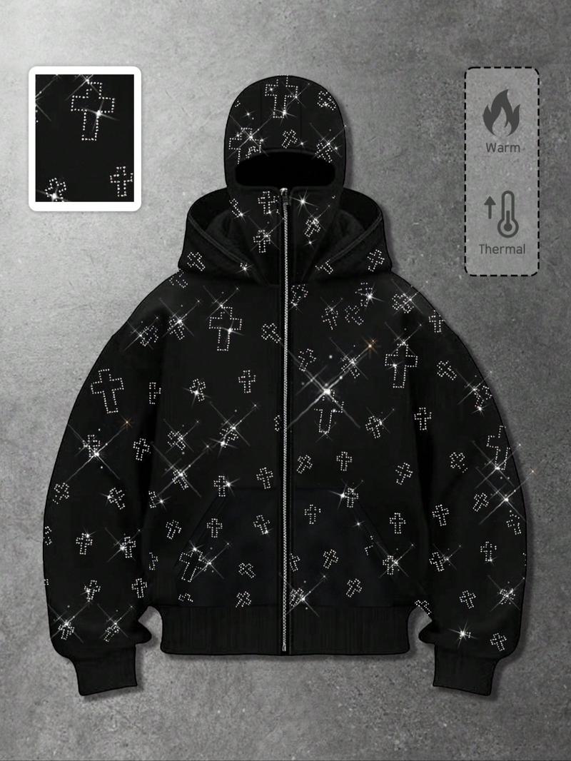 Men's Street Style Rhinestone HooMen's Street Style Rhinestone Hooded Sweatshirt, Pocket and Zip Design, Fall & Winter Wear, Geometric Pattern, Fitted Fitded Sweatshirt, Pocket and Zip Design, Fall & Winter Wear, Geometric Pattern, Fitted Fit