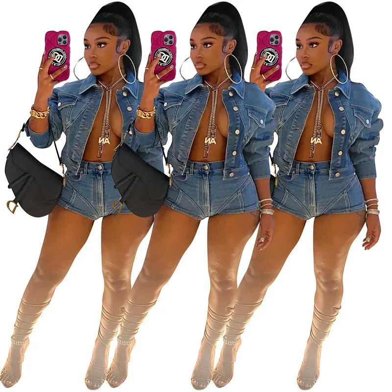 Women New Stretch Denim 2 Piece Outfit Set, Casual Denim Jacket & Elastic Denim Shorts Matching Suit, Fashion Slim Fit Denim Co Ord Set, Trendy European American Streetwear Stretchy Denim Tracksuit For Ladies Daily Travel Vacation Going Out