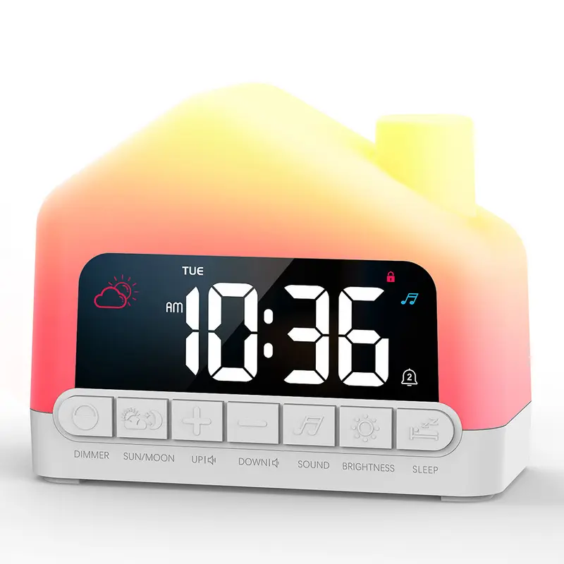Kids alarm clock, wake-up alarm clock for kids, suitable for toddler sleep training, with 12-color night light & sound machine, for bedroom use, ideal birthday gift for boys and girls