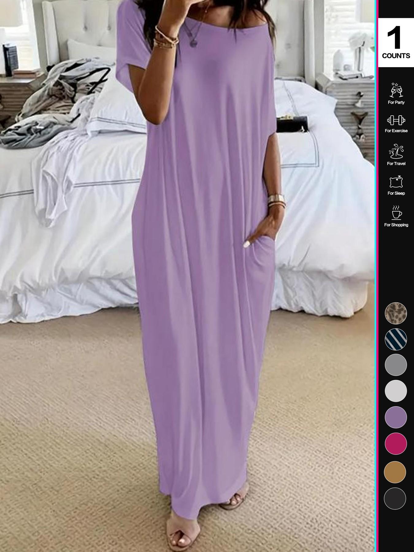 2026 Women's Solid Color Casual Loose Batwing Sleeve Loungewear Homewear Dress, Comfortable Daily Wearing Nightdress, Versatile Ladies' Sleepwear for All Seasons