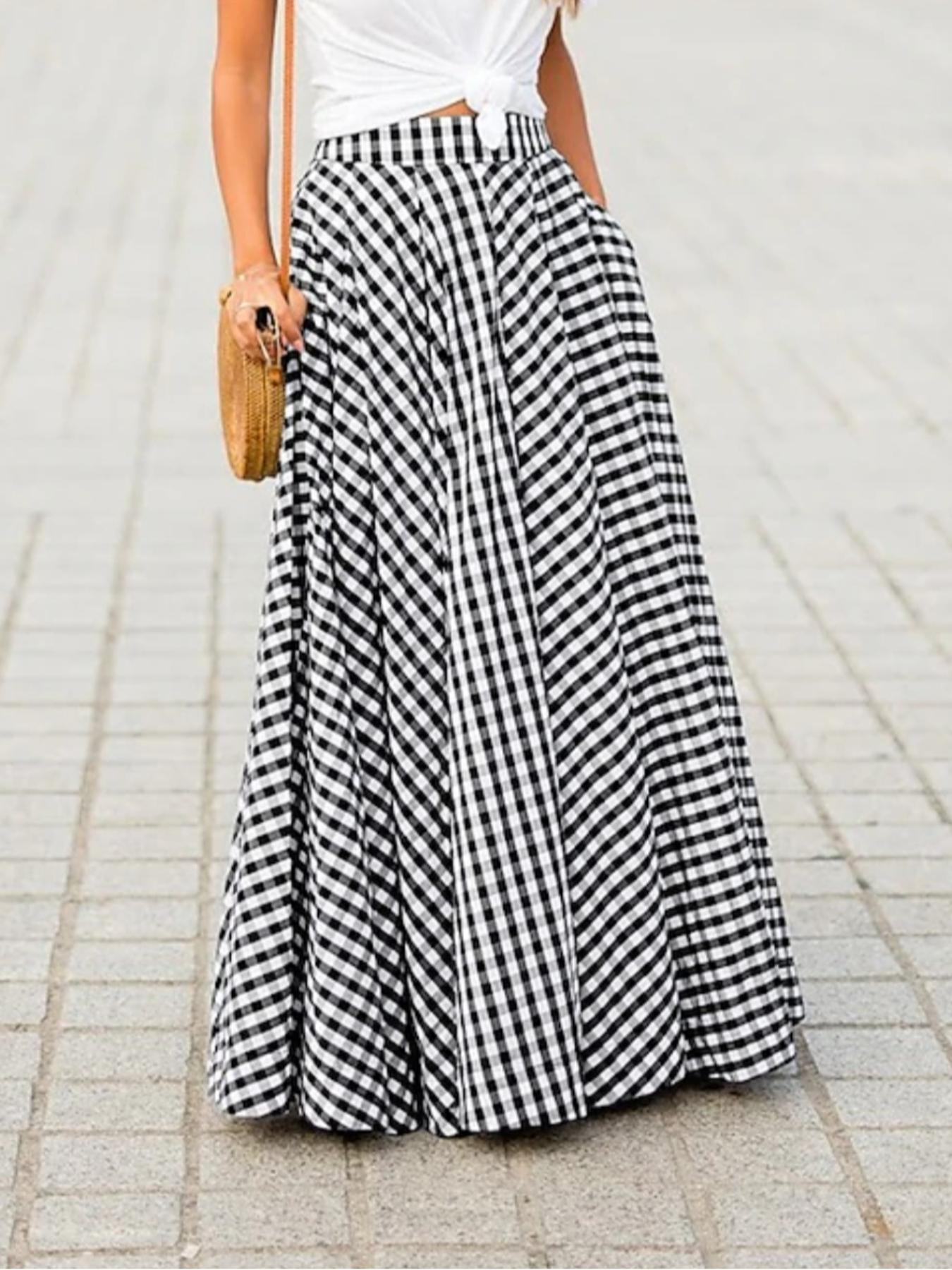 Women's Plaid Print Elastic Waist Side Pocket Maxi Skirt, Casual Long A-Line Dress, Spring & Fall Fashion, Comfortable Fit