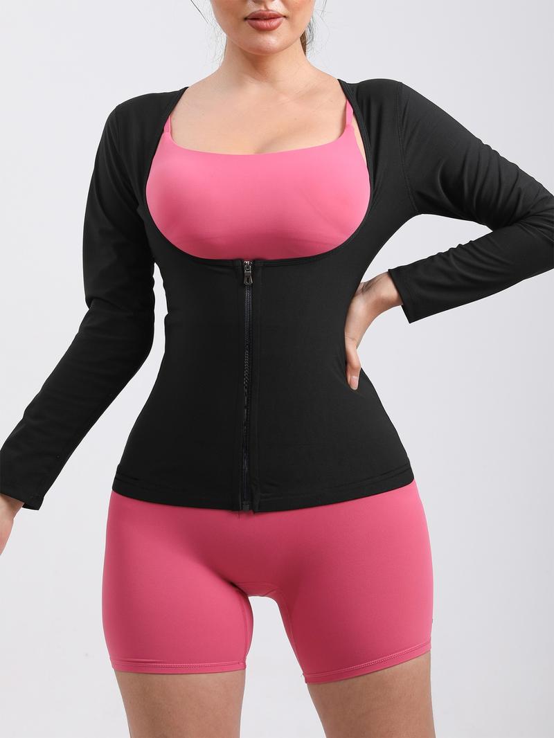 Women's Solid Long Sleeve Zip Up Sauna Top, Open Bust Tummy Control Training Sports Shaperwear Top, Workout Gym Exercise Clothing for Women, Women Workout Clothes