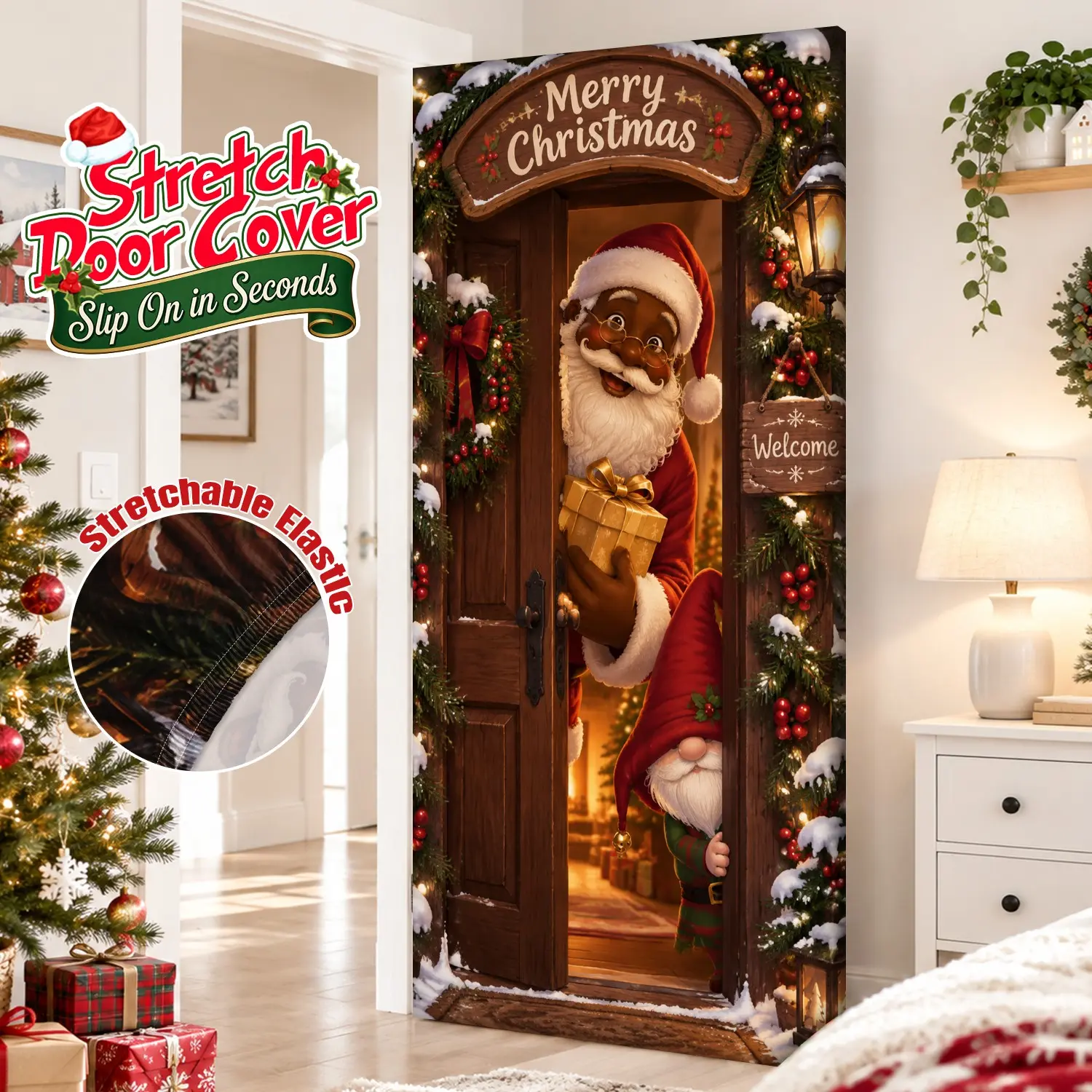 Christmas African American Santa Claus with Gift and Gnome Peeking From Door Stretch-to-Fit Elastic Door Cover, Quick Slip-On Stretch Door Decor, for Front Door, Porch, Christmas Family Party, Party Decorations
