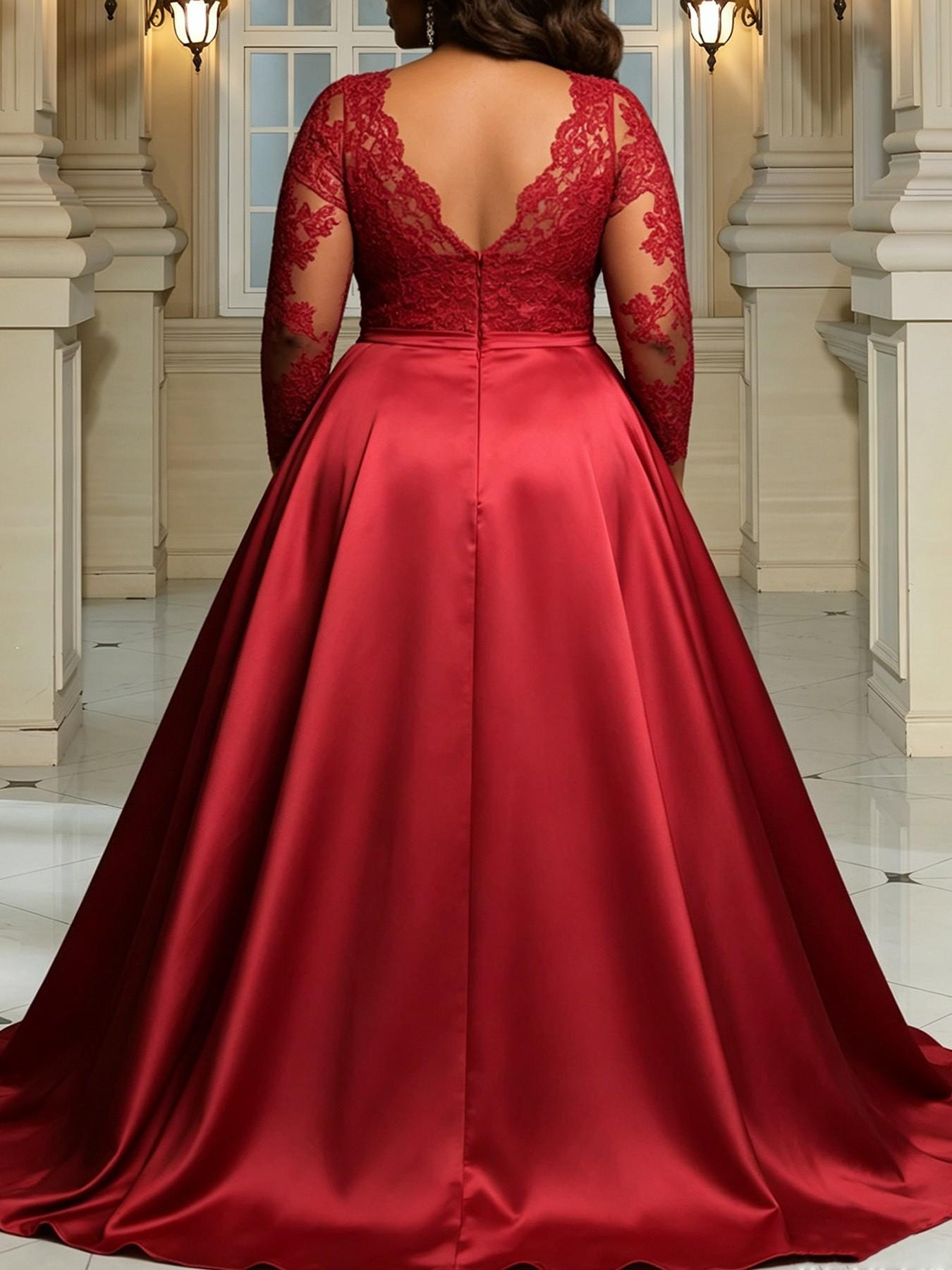 Elegant Heart Neckline Lace Mesh Patchwork Satin Long Dress, Plus Size Wedding Banquet Ball Gown, Slimming and Stylish Evening Dress