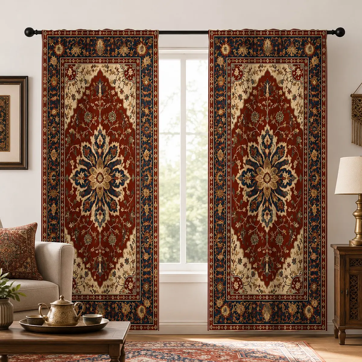 2pcs Red mandala vintage pattern semi-blackout curtains. American country exotic print semi-blackout fabric curtains, pocket rod installation, made of polyester, suitable for bedrooms, kitchens, studies, etc.