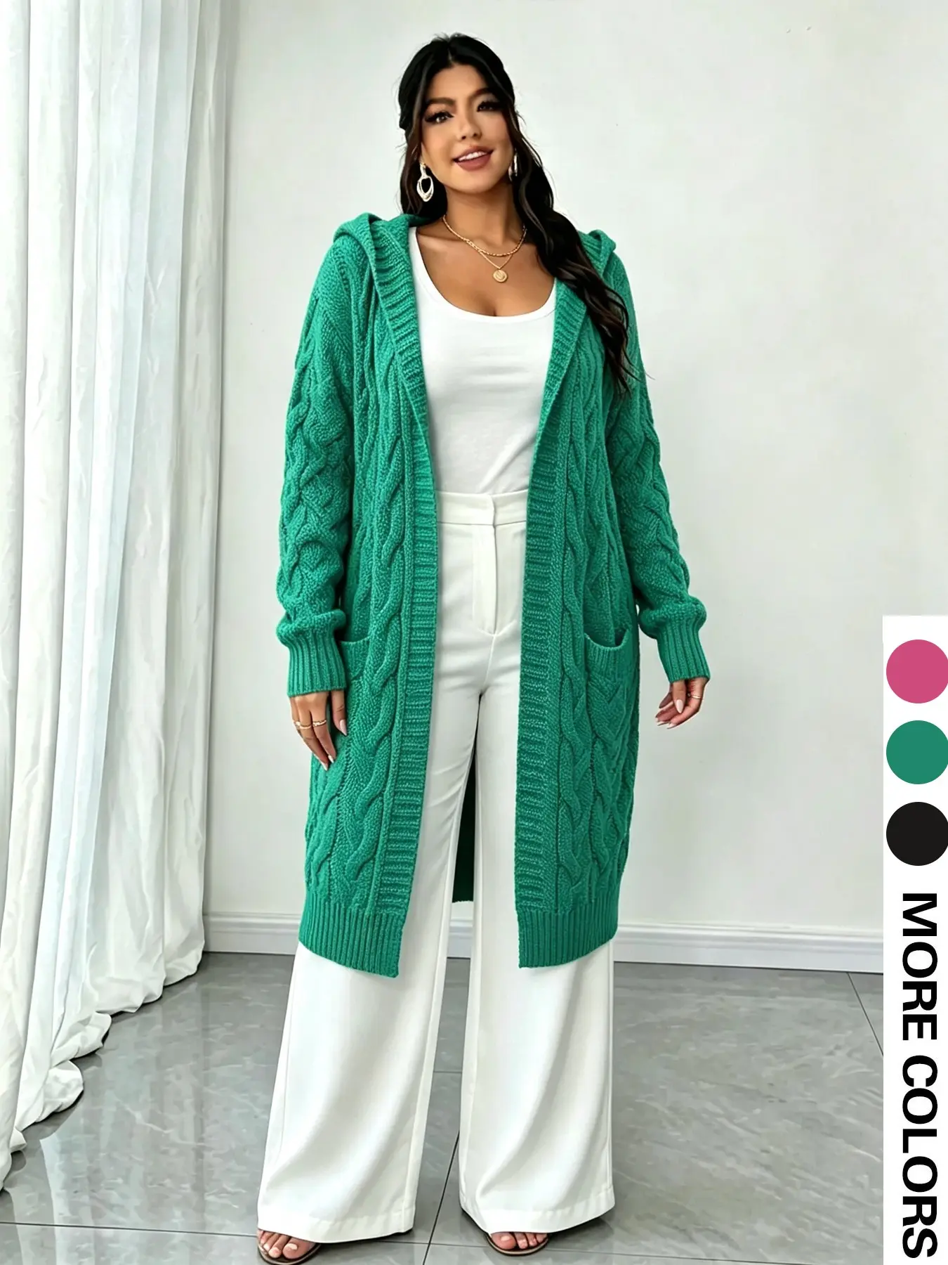 Plus Size Women's Hooded Cable Knit Cardigan, Women Long Open Front Sweater Coat With Pockets, Loose Over Sized Casual Knit Outwear, Comfortable Plain Design, Fall & Winter Outerwear
