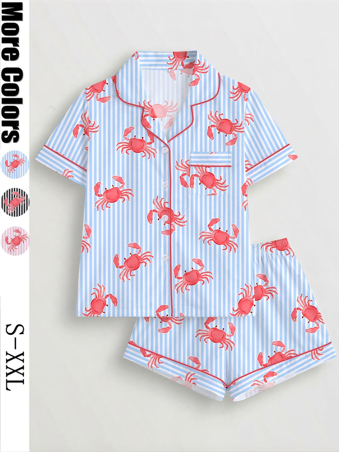 Women's 2-Piece Crab Print Pajama Set, Short-Sleeve Button-Up Top & Elastic Shorts, Casual All-Season Sleepwear, Homewear and Loungewear Set for Home and Party Women's 2-Piece Crab Print Pajama Set, Short-Sleeve Button-Up Top & Elastic Shorts, Casual All-Season Sleepwear, Homewear and Loungewear Set for Home and Party