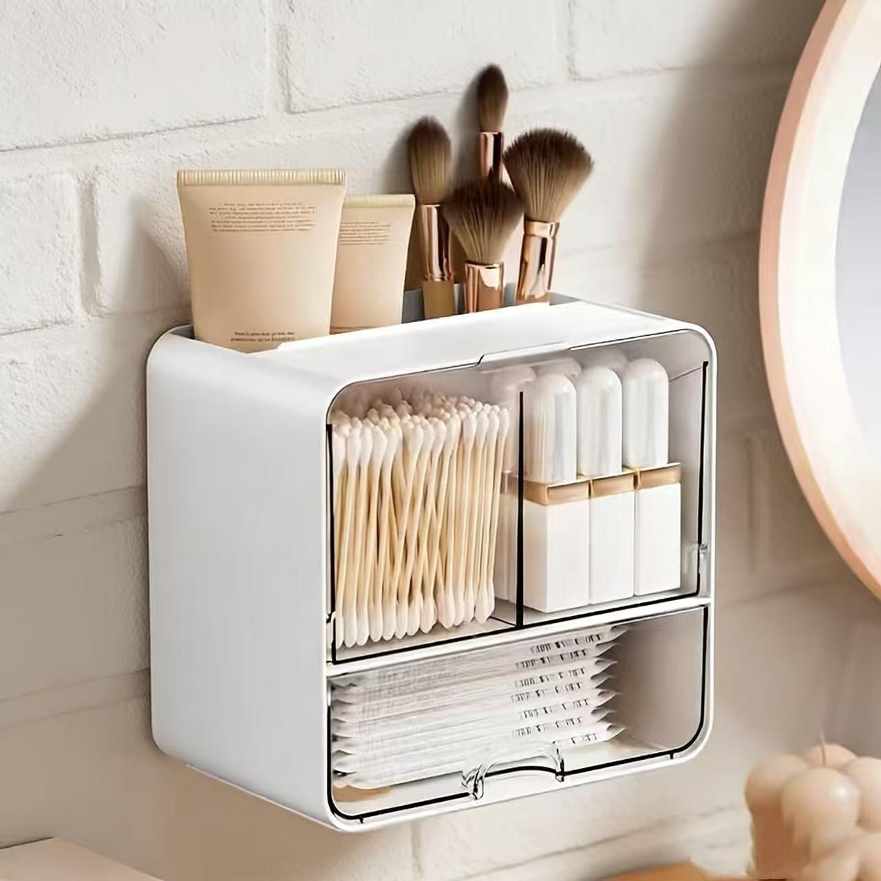 Large Capacity Bathroom Shelf, Wall-Mounted Makeup Cotton Storage Box, Q-Tips, Powder Puffs, Cosmetics Organizer, Multi-Functional Storage Box