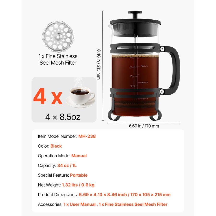 VEVOR 34oz Borosilicate Glass French Press Coffee Maker, Stainless Steel Filter, Detachable Anti-Drip Spout, Cold Brew Tea Maker for Gatherings Home Camping, Silver 1L Hand Tool Accessory