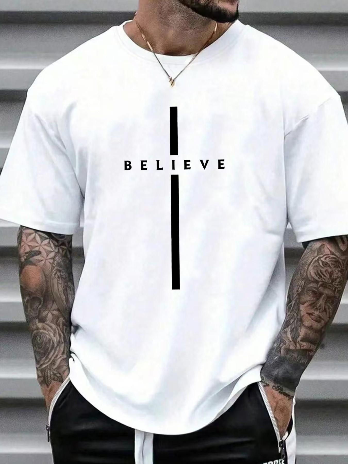 Men's "Believe" Vertical Cross Graphic T-Shirt, Christian Faith Casual Streetwear, Religious Minimalist Short Sleeve Top #ChristianApparel #FaithWear #ReligiousTee #MinimalistFashion #TikTokMadeMeBuyIt
